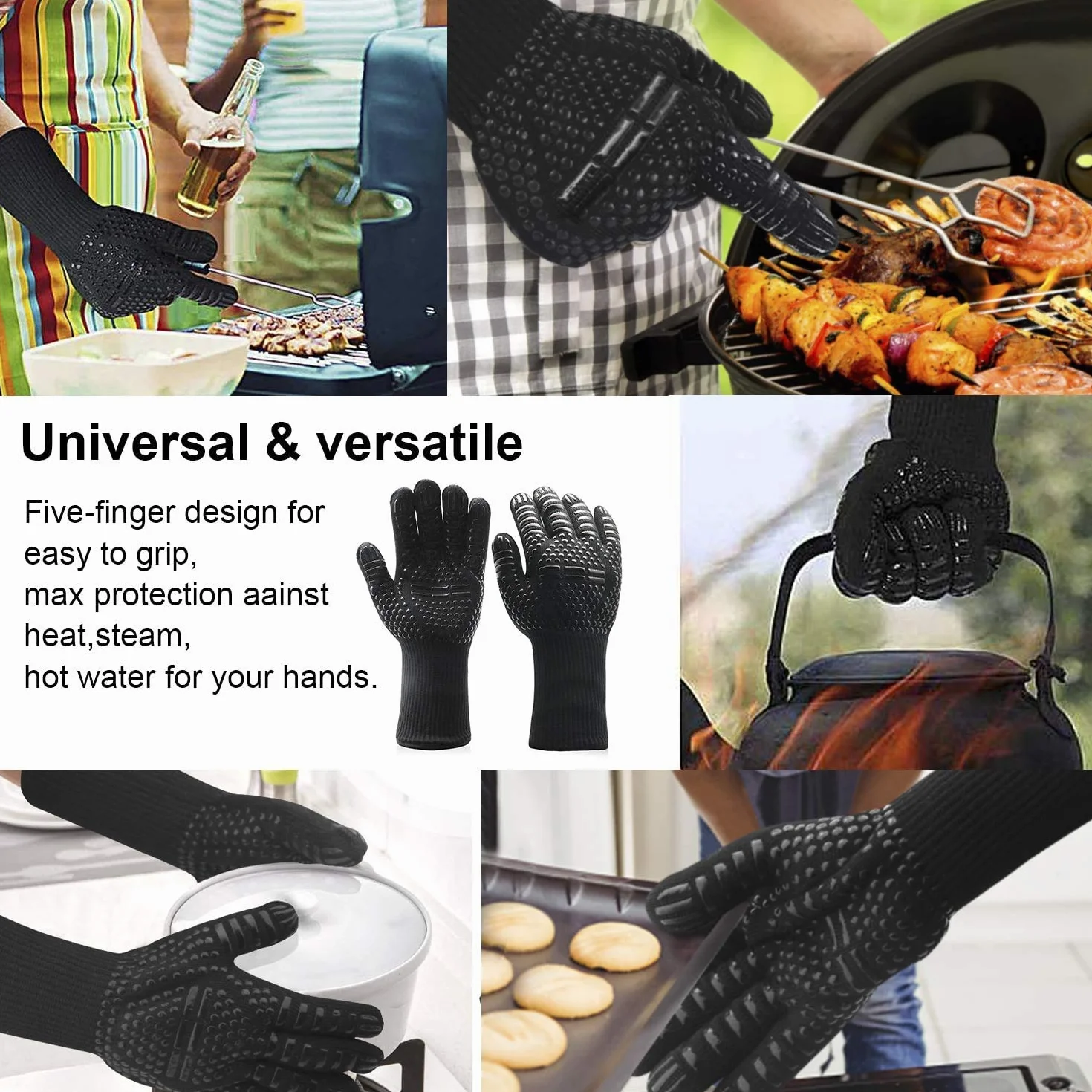 Set 9 pezzi Utensili barbecue+Guanti da Barbecue,Acciaio Inox Set Di Attrezzi,Guanti da forno Doppio Resistente al Calore - 1472 ° F / 800 ° C,per Barbecue, Grigliate, Cottura al forno, Camino