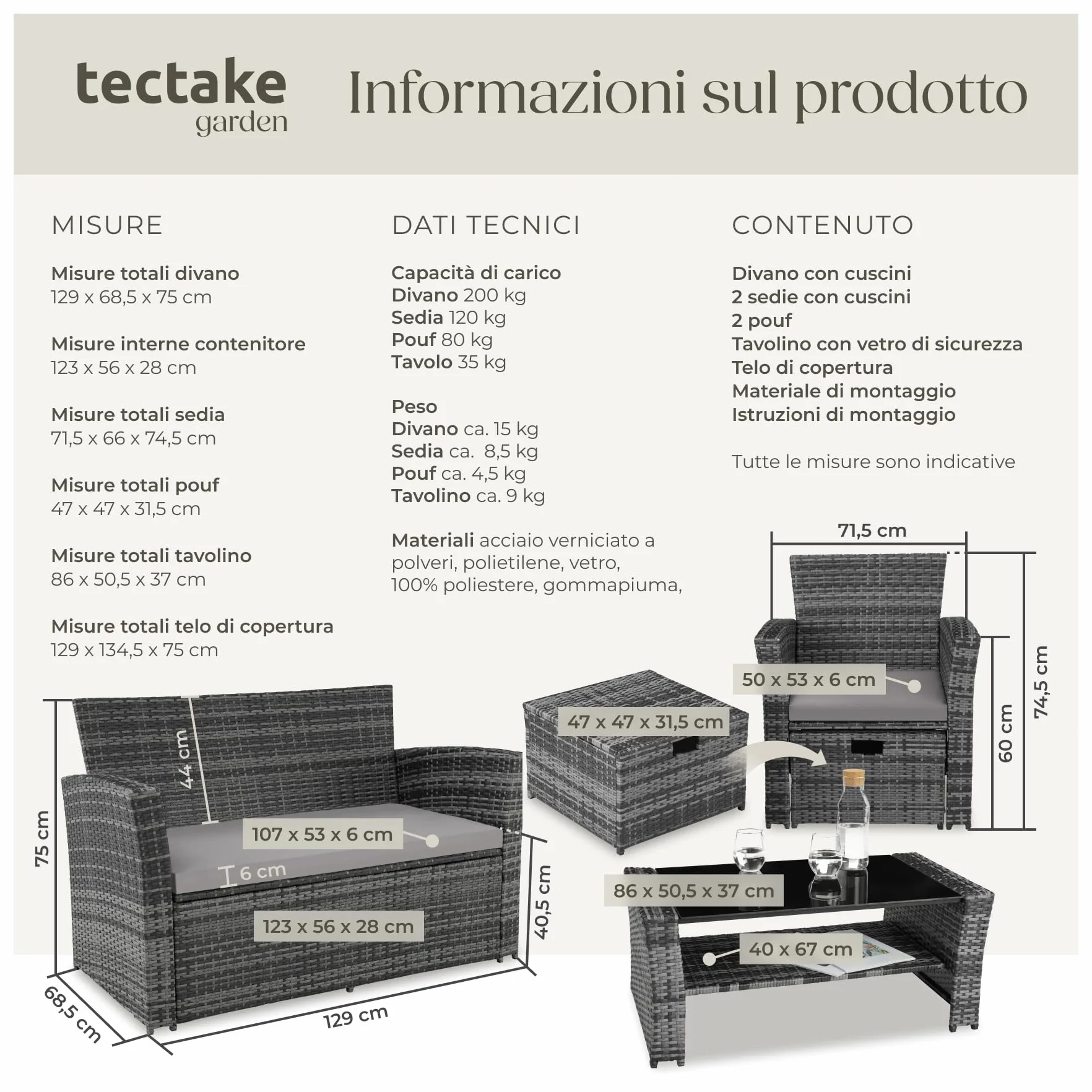 Salottino in Rattan Modena con Telaio in Acciaio e Piano in Vetro, Divano e Poltrone, Morbidi Cuscini, Involucro Protettivo Incluso - Grigio