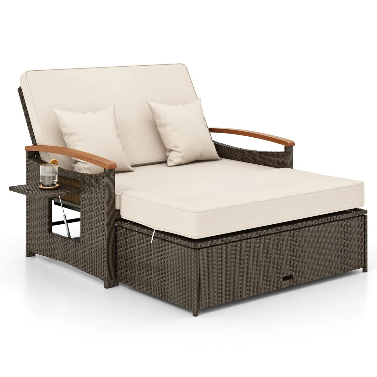 GIANTEX Divano da Giardino in Rattan a 2 Posti con Funzione Allungata, Set di Mobili in Rattan con Sgabello, Doppia Sedia a Sdraio per 2 Persone, 3 Colori (Cuscino Beige)