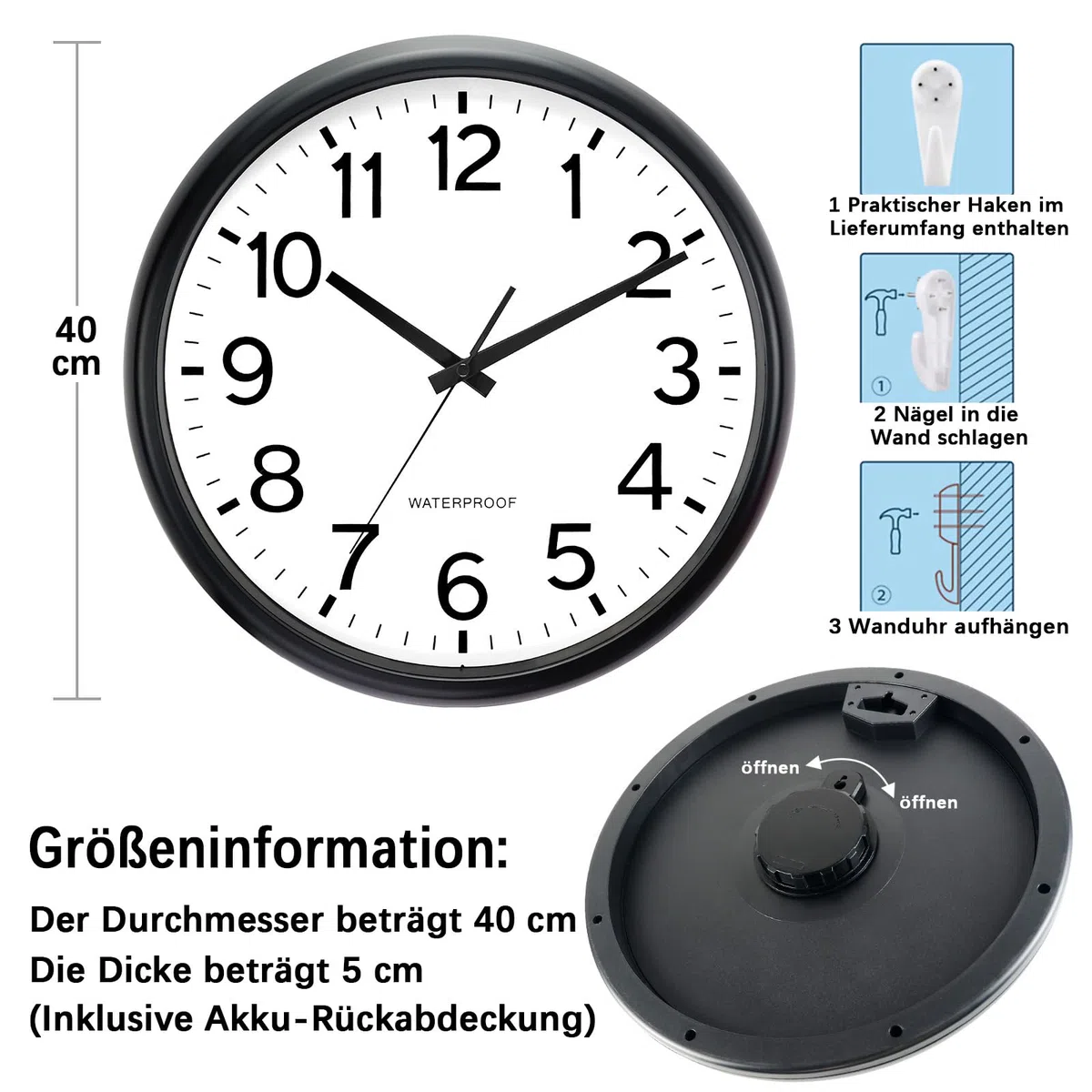 Orologio da giardino, impermeabile, da giardino, resistente alle intemperie, facile da leggere, silenzioso, funzionamento a batteria, per esterni, piscina, balcone, bagno (nero)