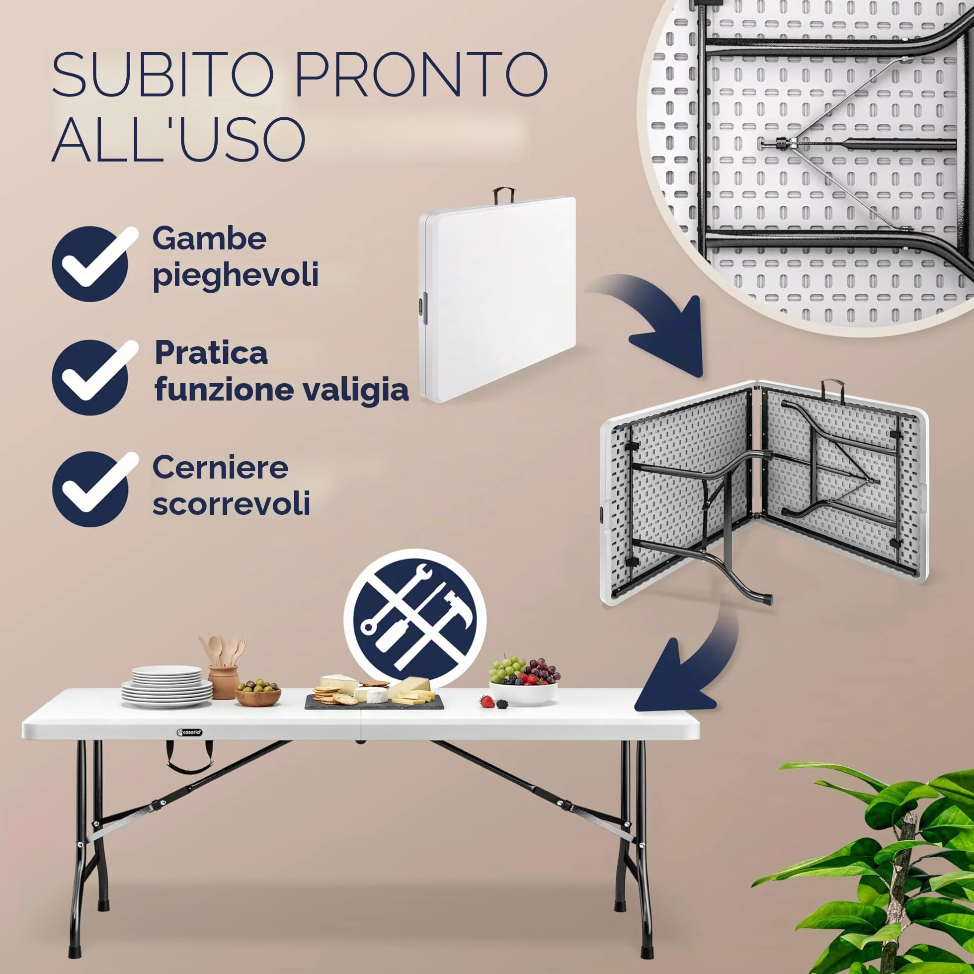 Casaria Tavolo da Giardino Pieghevole 220x70 cm Rettangolare per 10 Persone Bianco