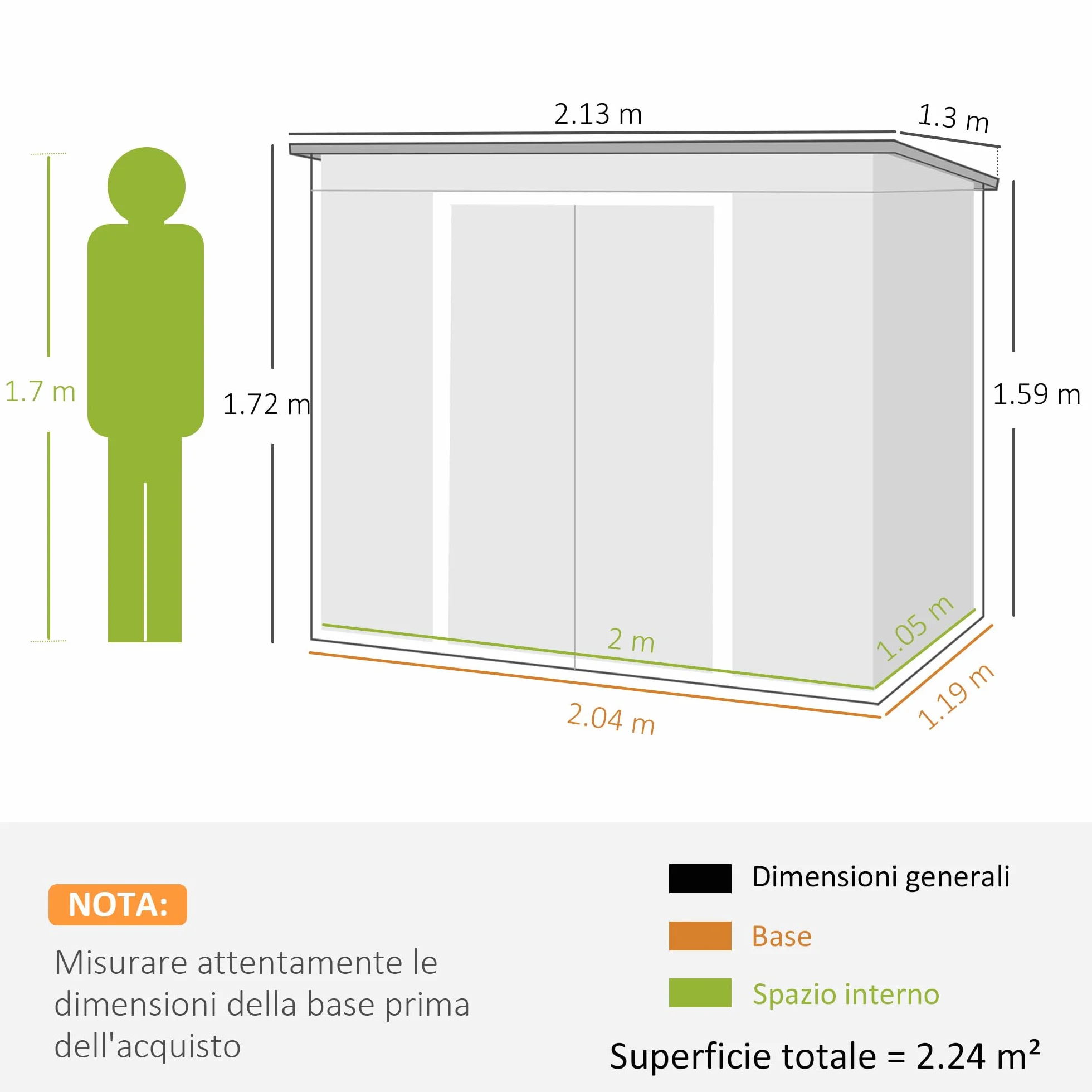 Outsunny Casetta da Giardino 2.42m² Acciaio Zincato con Kit Fondazione 213x130x172 cm Grigio
