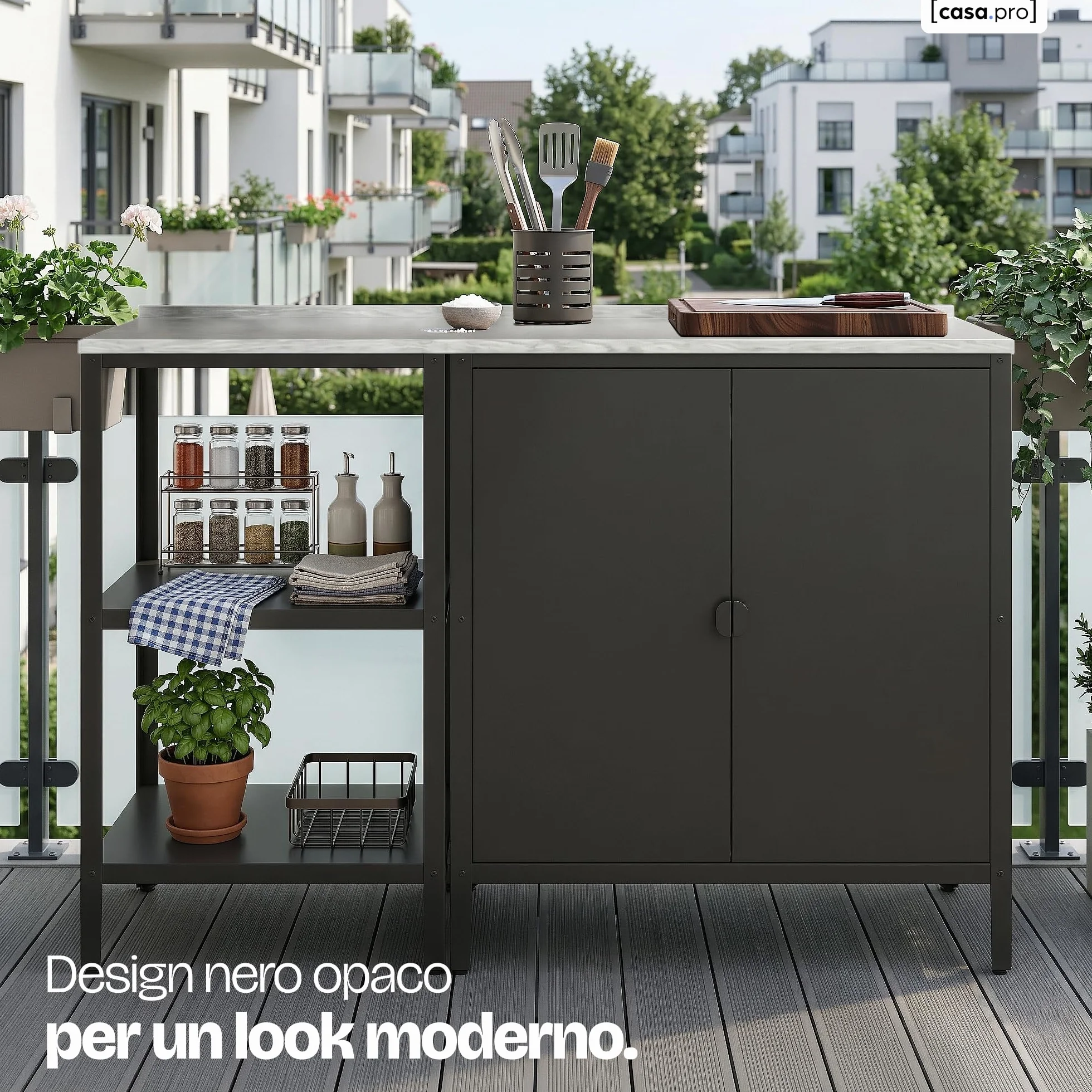 casa.pro Set di Mobili Organizzatori da Esterno Composto di Armadio da Giardino e Bancone in Acciaio con Ripiani Piedini Regolabili per Livellare - Grigio/Nero Opaco