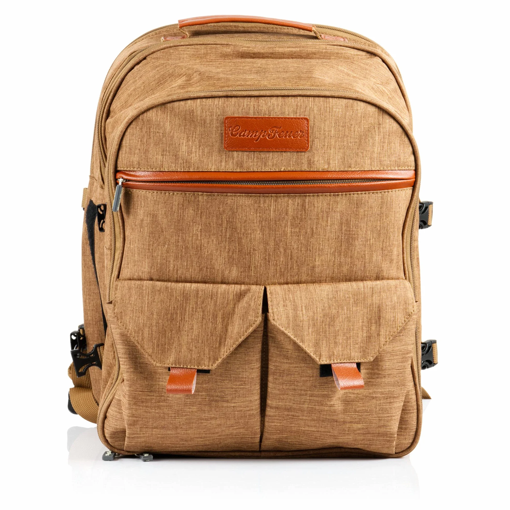CampFeuer Zaino da Picnic per 4 persone (marrone) | set da picnic da 32 pezzi | incluso supporto per bottiglie e coperta in pile, grande scomparto termico, stoviglie e posate