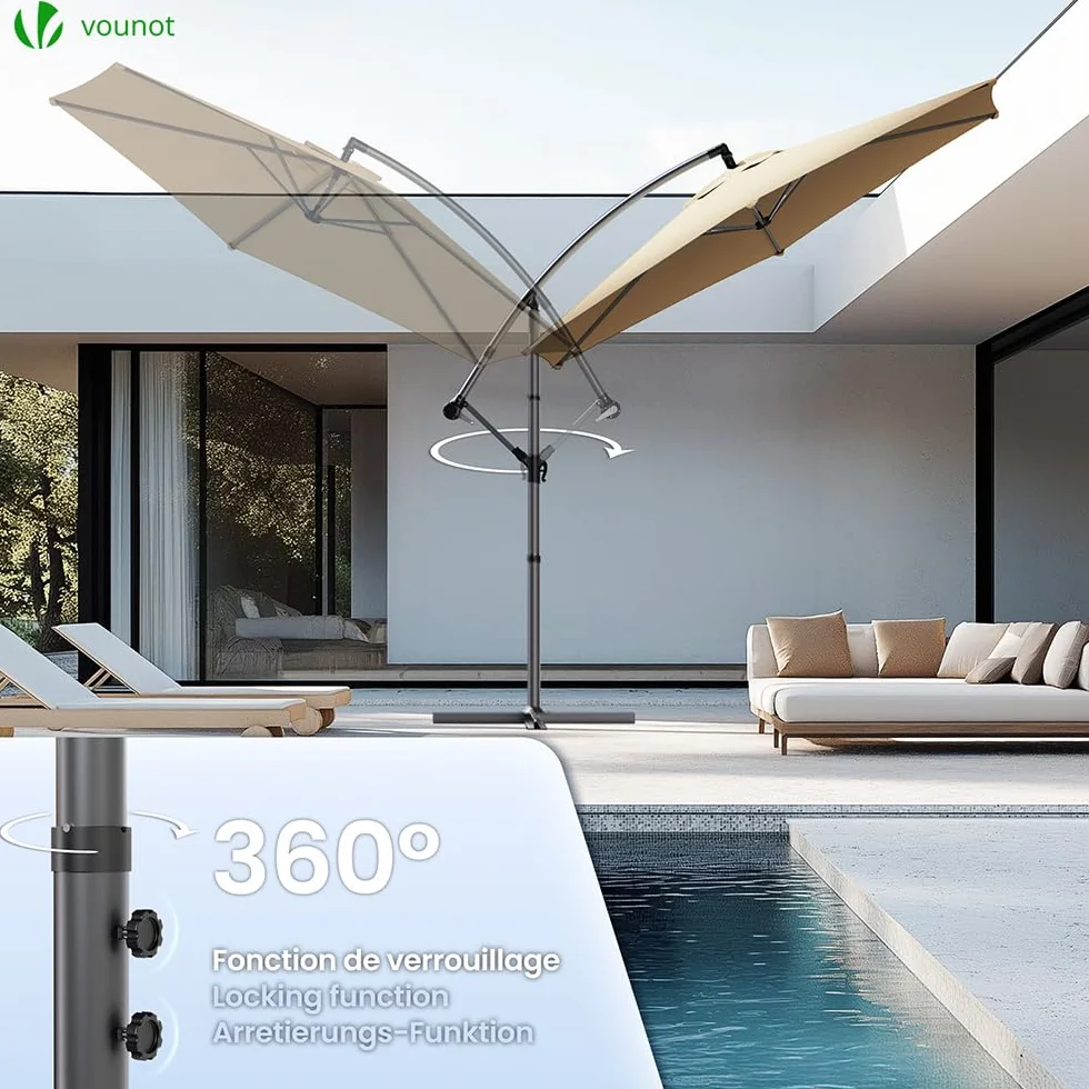 VOUNOT Ombrellone da Giardino Decentrato 3M con Base a Croce e Cinghia Antivento Protezione UV Cachi