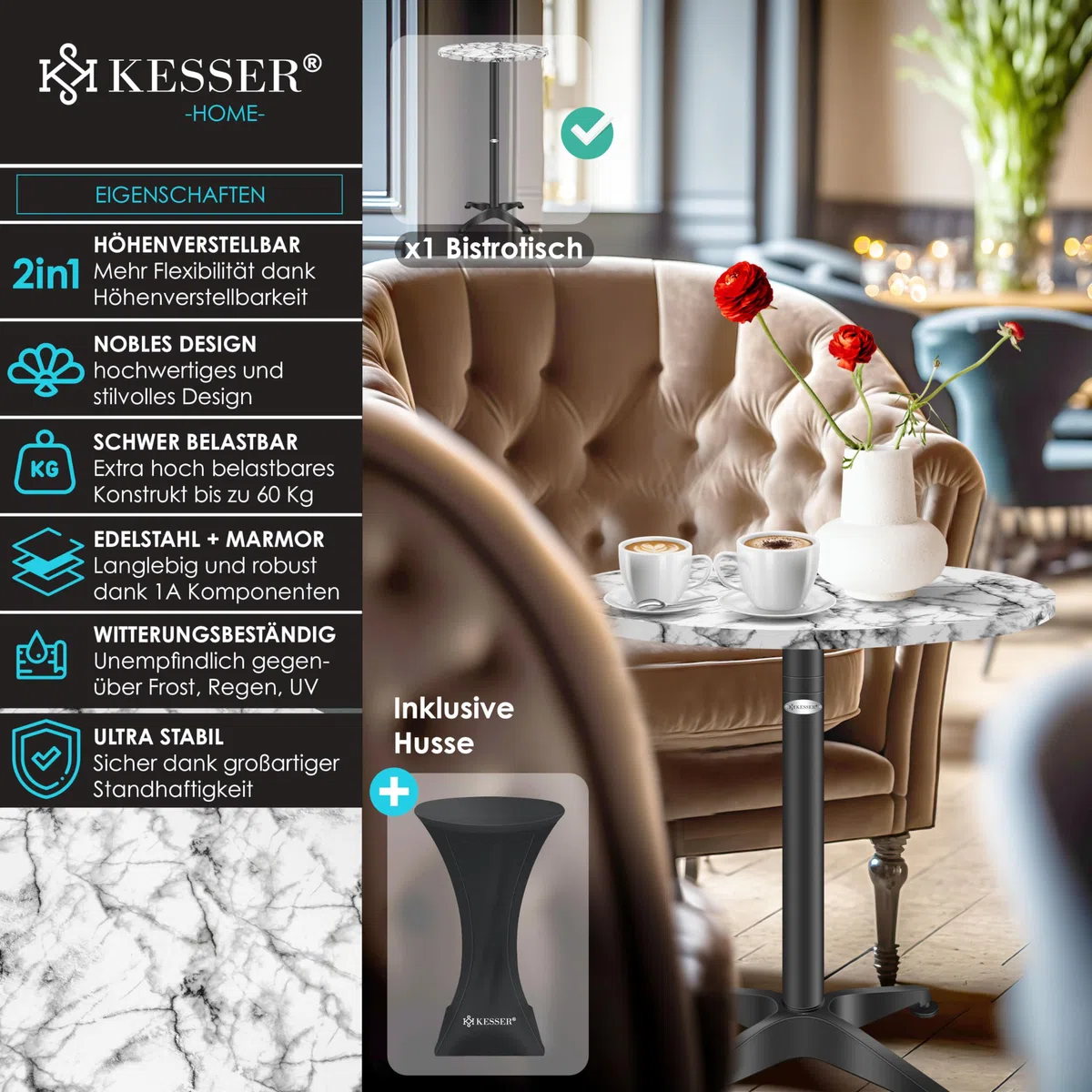 KESSER® Tavolo da bistrot 2 in 1, set da 1 pezzi, piastra in alluminio in acciaio inox, altezza 70 cm/115 cm, tavolo per feste, diametro 80 cm, per interni ed esterni, tavolo da ricevimento, tavolo