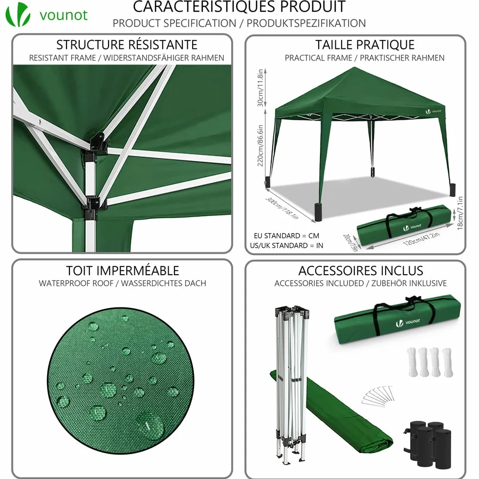 VOUNOT® Gazebo Pieghevole da Giardino 3x3 M Tenda Pop Up con 4 Sacchi di Sabbia e Sacca Trasporto Verde