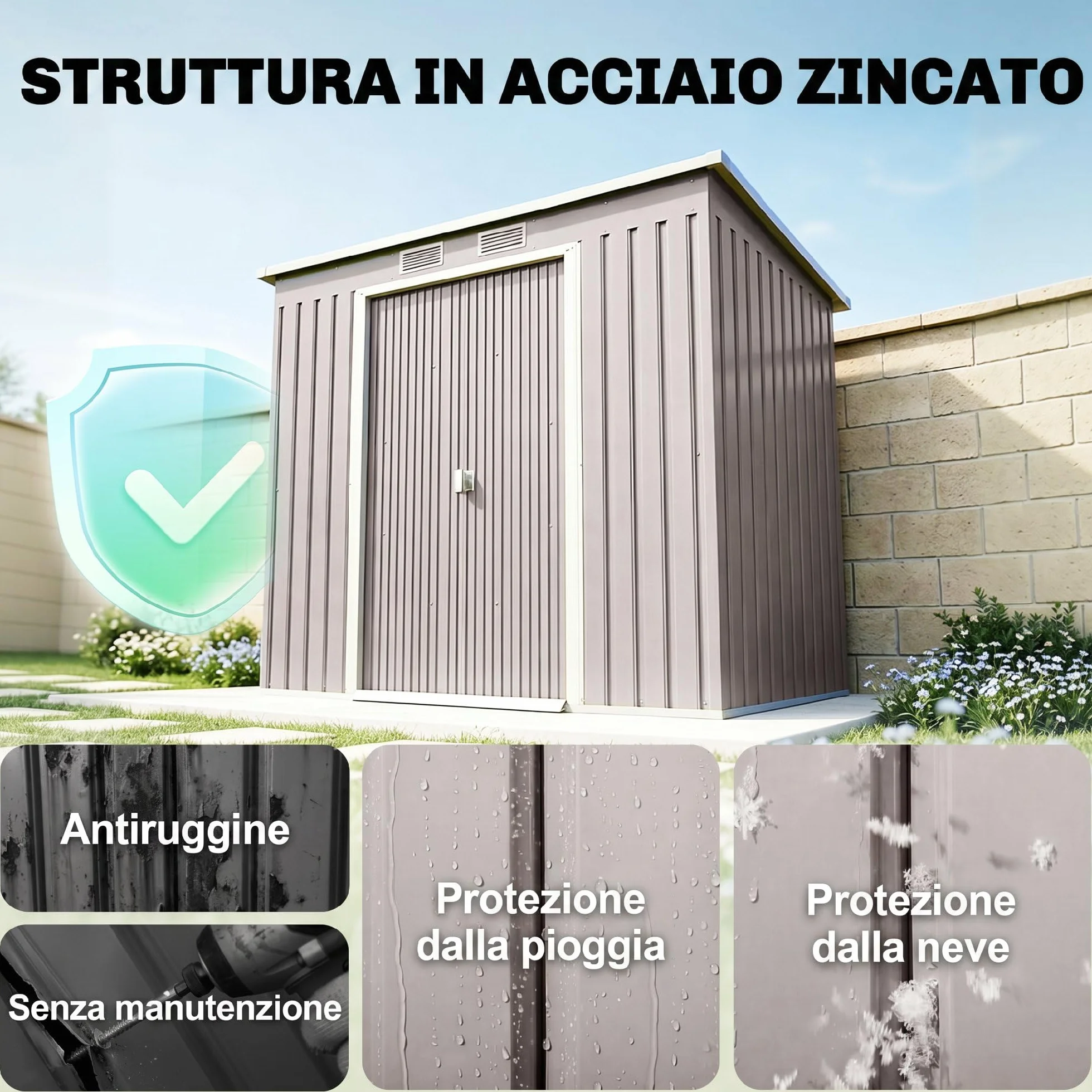 Outsunny Casetta da Giardino 2.42m² Acciaio Zincato con Kit Fondazione 213x130x172 cm Grigio
