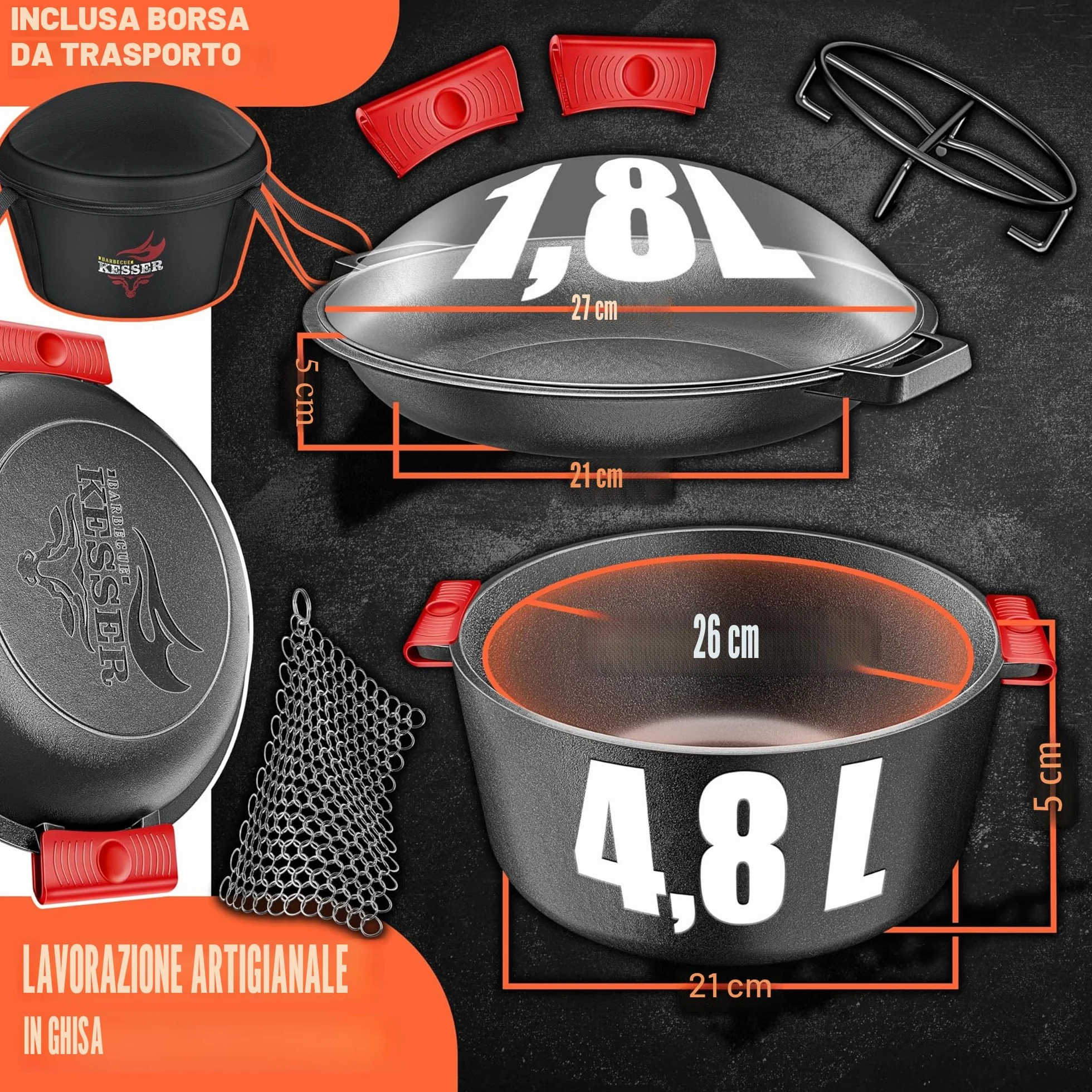 KESSER® Forno Olandese pentola in ghisa 2in1 da 4,8 l e padella da 1,8 l pronta per l'uso incl. Ricettario Casseruola Coperchio/padella a doppia funzione