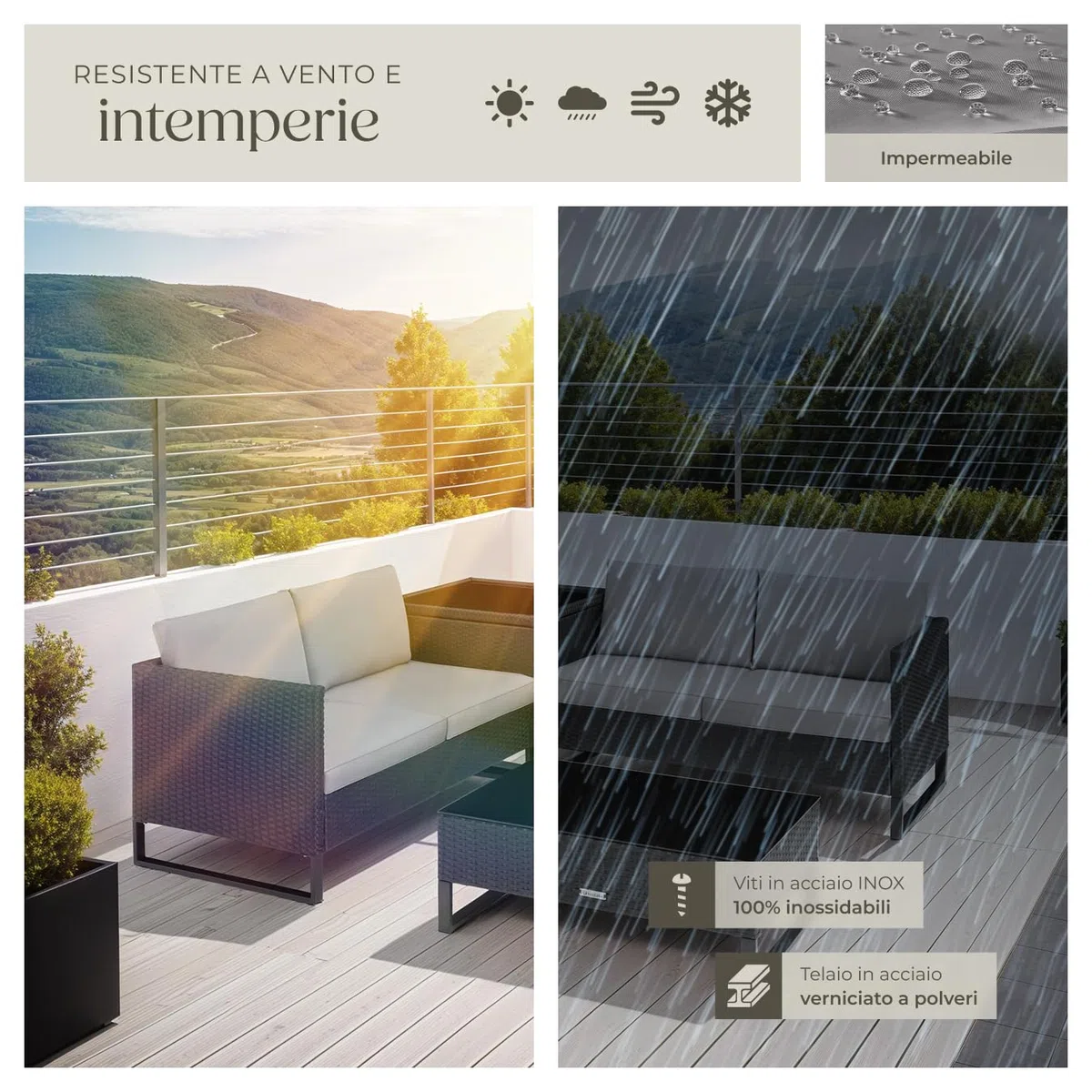 tectake® Salottino in Rattan Ostuni, Set da Giardino con 2 Sofà e 1 Tavolo con Lastra in Vetro, Box Contenitore, Cuscini Spessi, Telaio in Acciaio, Intreccio in Polyrattan - Nero