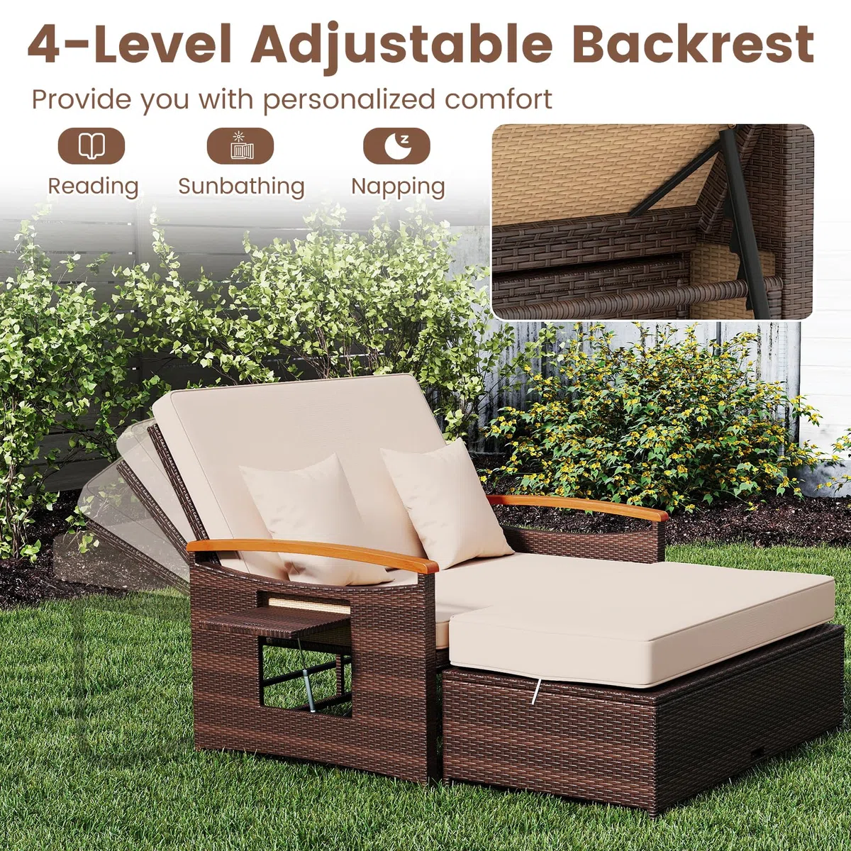 GIANTEX Divano da Giardino in Rattan a 2 Posti con Funzione Allungata, Set di Mobili in Rattan con Sgabello, Doppia Sedia a Sdraio per 2 Persone, 3 Colori (Cuscino Beige)