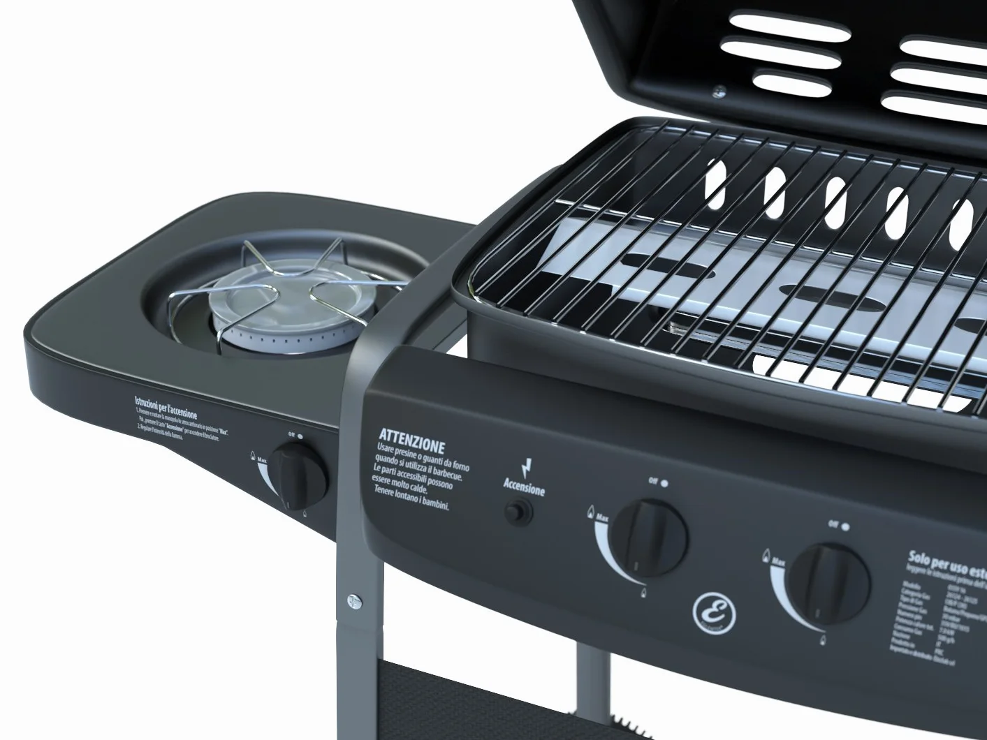 Barbecue a Gas Portatile con Termometro e Fornello Laterale EGLEMTEK BBQ Grill Compatto per Giardino Campeggio Outdoor Nero
