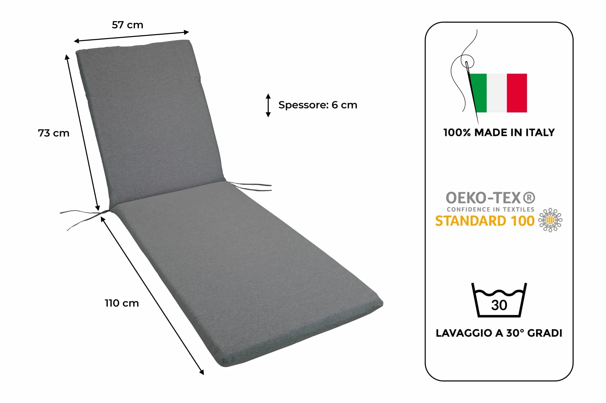 Cuscino per Lettino Prendisole Grigio 73x110x57 cm Cotone Poliestere Sfoderabile Made in Italy