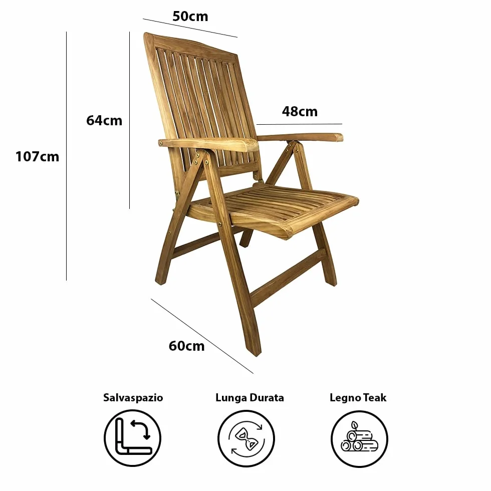 Sedia Pieghevole da Giardino in Legno di Teak Bali Poltrona Schienale Regolabile Braccioli Resistente Esterni