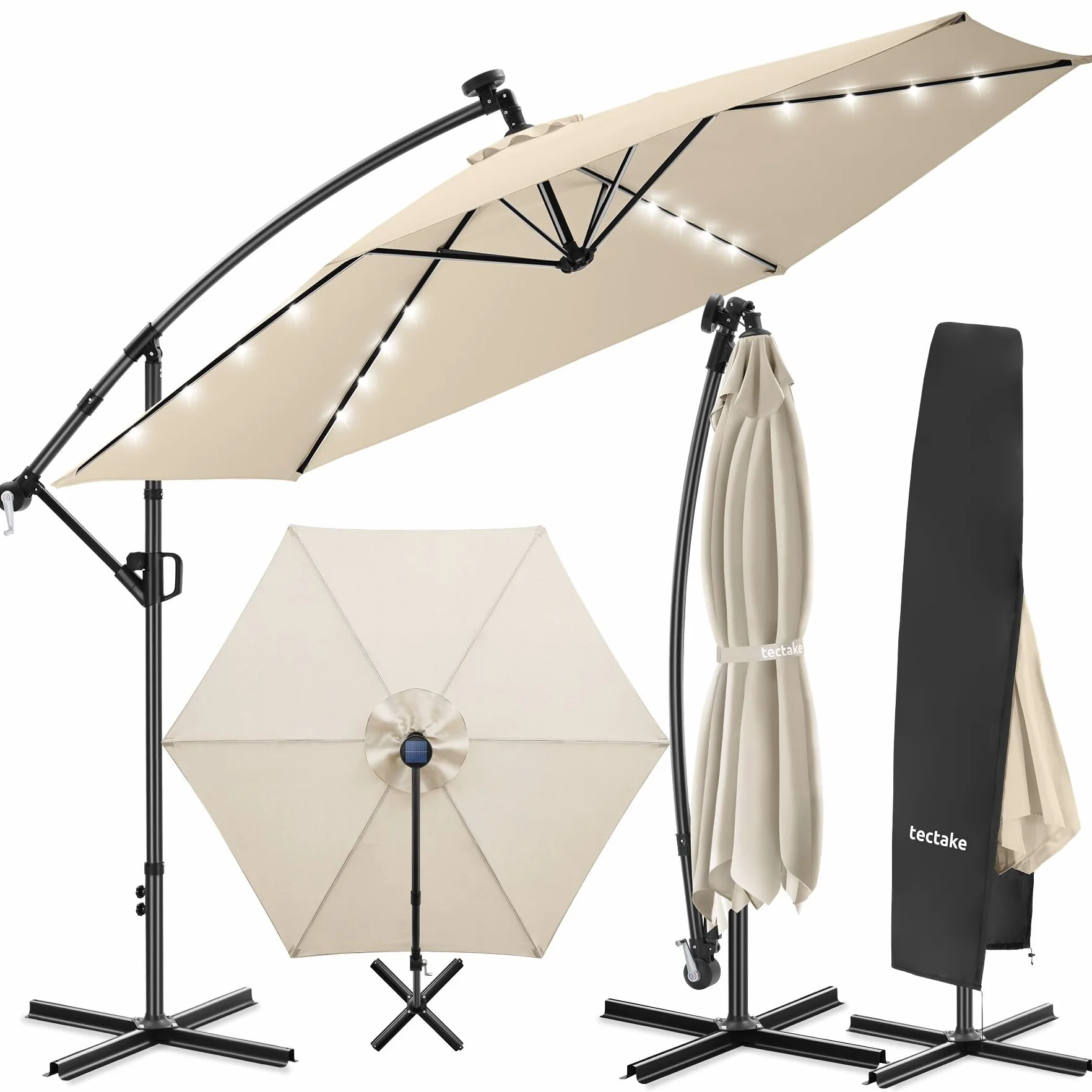 Tectake Ombrellone da Giardino 3,5x3,5 m Braccio Girevole 360° Led Solare Protezione UV 50+