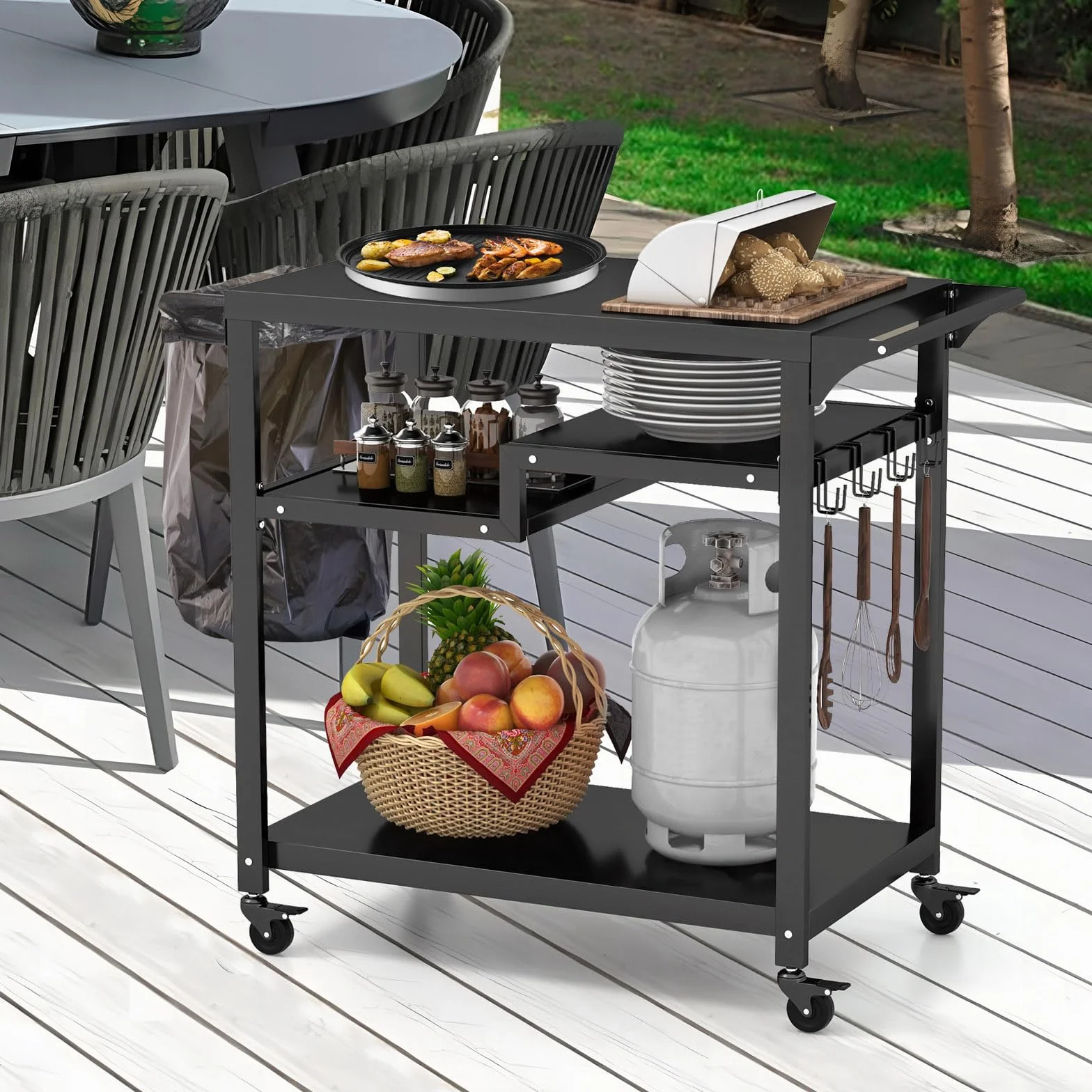 COSTWAY Carrello Barbecue da Esterno Portatile 3 Ripiani 4 Ruote Bloccabili