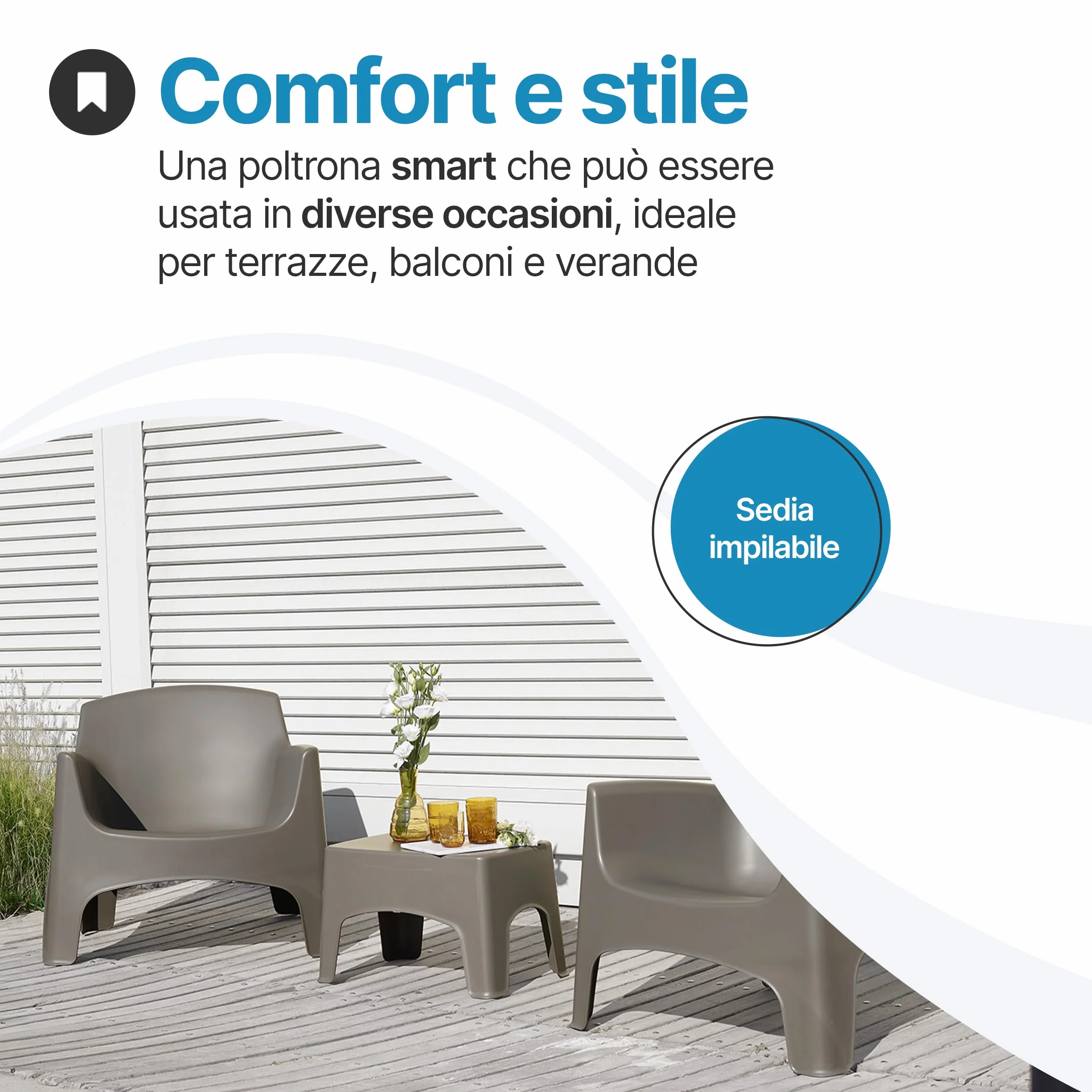 Tomaino Poltrona da esterno Ibiza XL Sedia da giardino in plastica impilabile 79x74x70 cm tortora