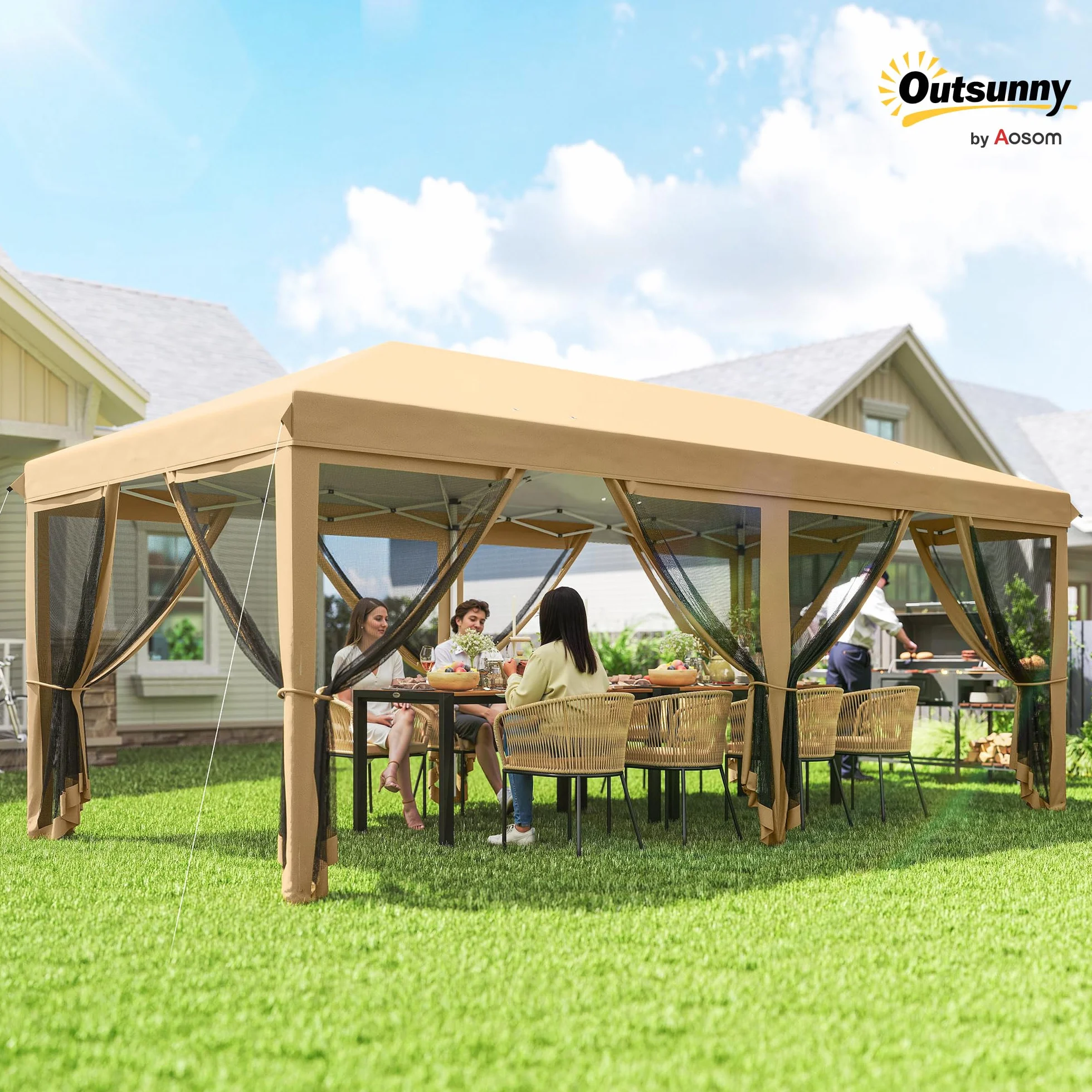 Outsunny Gazebo Pieghevole 6x3 Pop Up con Zanzariere, Acciaio, Tessuto Oxford, Beige