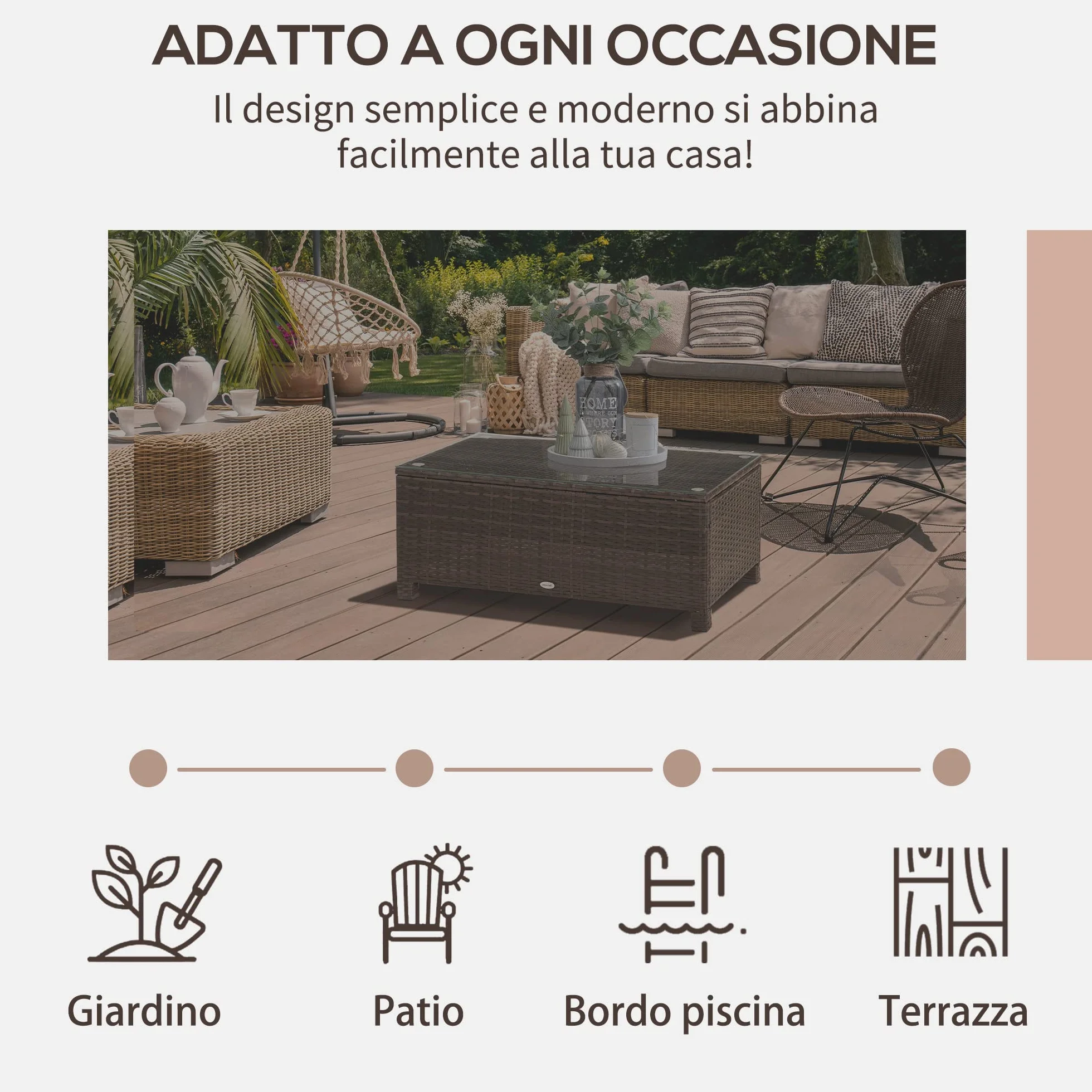 Outsunny Tavolino da Giardino in Vetro Temperato Rettangolare 85 x 50 x 39 cm Marrone
