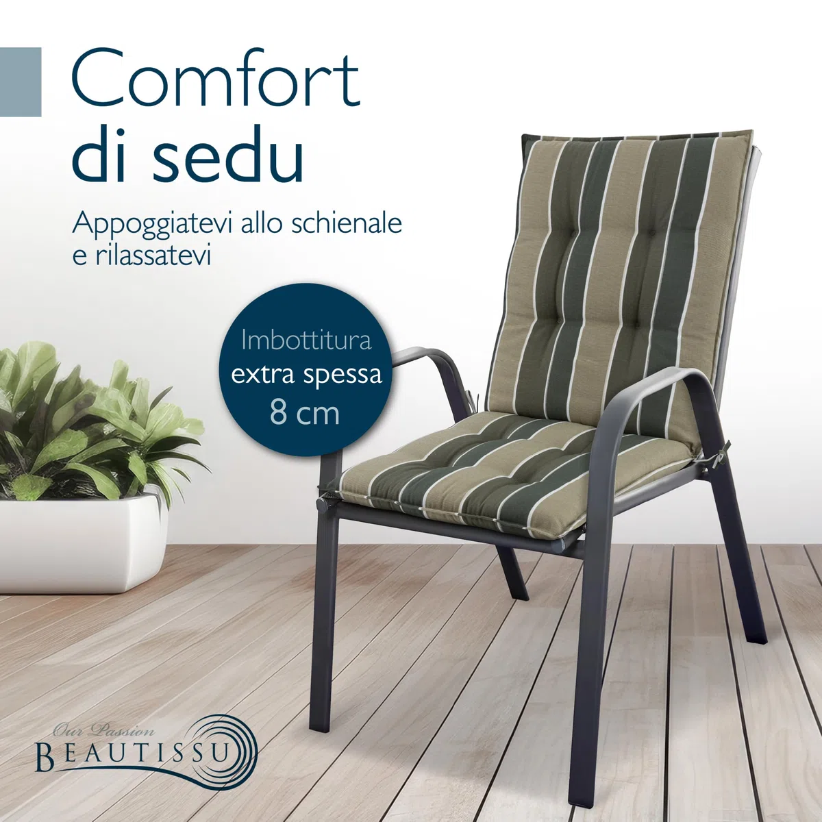 Set di 4 Cuscini Schienale Basso 100x50 cm Verde a Righe Spessore 8cm per Sedia Giardino Resistente UV Antiscivolo