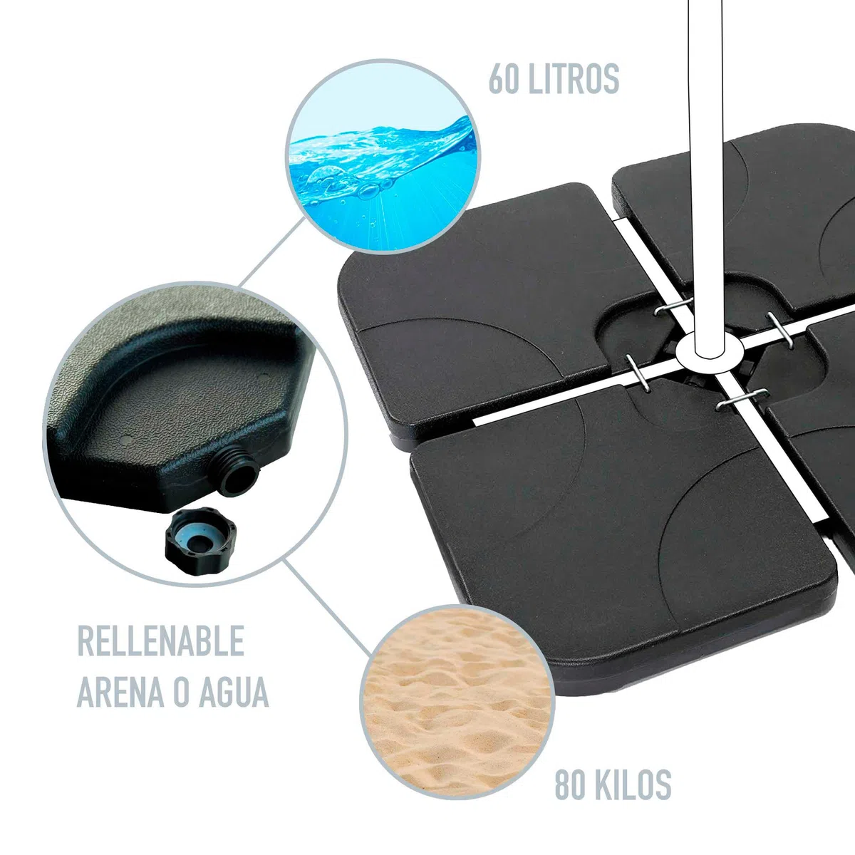 AKTIVE Base per ombrellone riempibile, 4 pezzi in HDPE nero 50x50x7,5 cm, fino a 80 kg con sabbia o 60 l di acqua, con maniglie e sistema di fissaggio (62196)