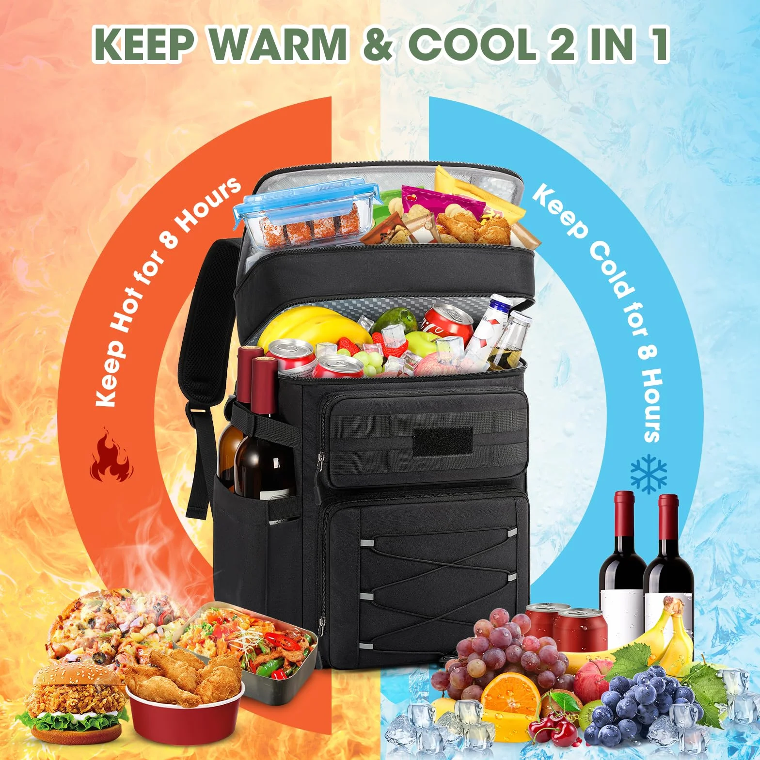 RAINSMORE Zaino Frigo Termico 30L Doppia Zona Impermeabile Nero