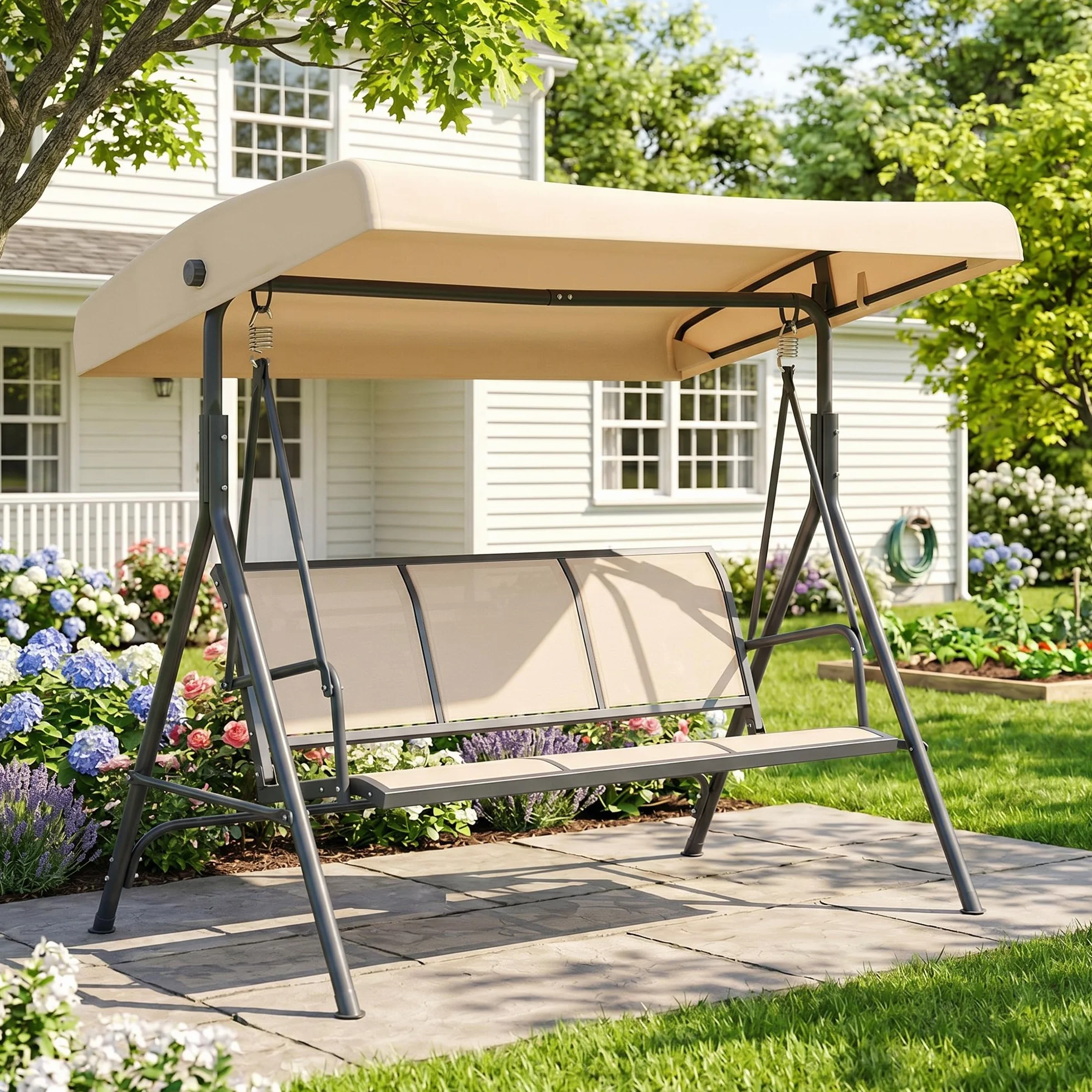 Outsunny Dondolo da Giardino 3 Posti con Tettuccio Parasole Regolabile, Dondolo da Esterno con Seduta Traspirante in Poliestere e Telaio in Acciaio, Portata 200 kg, Anti UV, 175x118x159 cm, Beige
