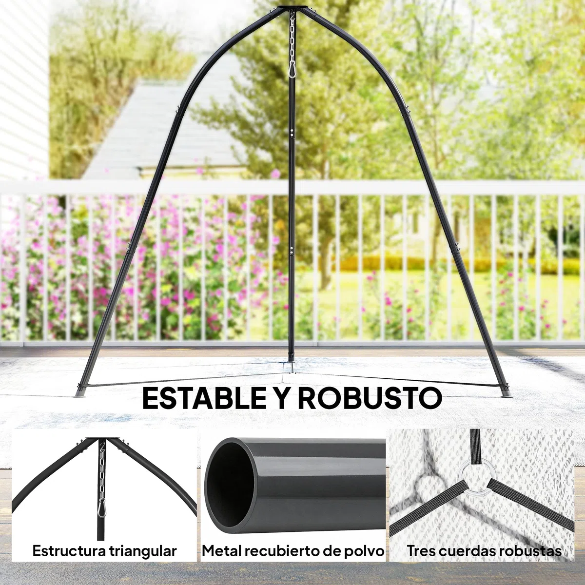 Outsunny Supporto per Sedia sospesa Triangolare Altezza 210 cm, con Catena Regolabile, Base Stabile, Resistente alle intemperie, Struttura per Sedia sospesa per Patio, Giardino, carico 150 kg, Nero