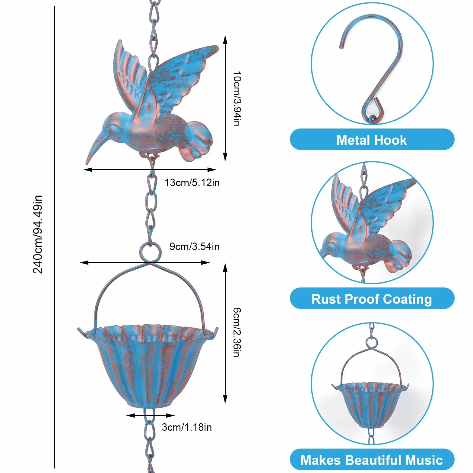 Tefola Catena antipioggia da 2,4 m con colibrì – Catena di scarico in metallo blu retrò, 7 uccelli e 7 tazze per grondaie, decorazioni da giardino e casa