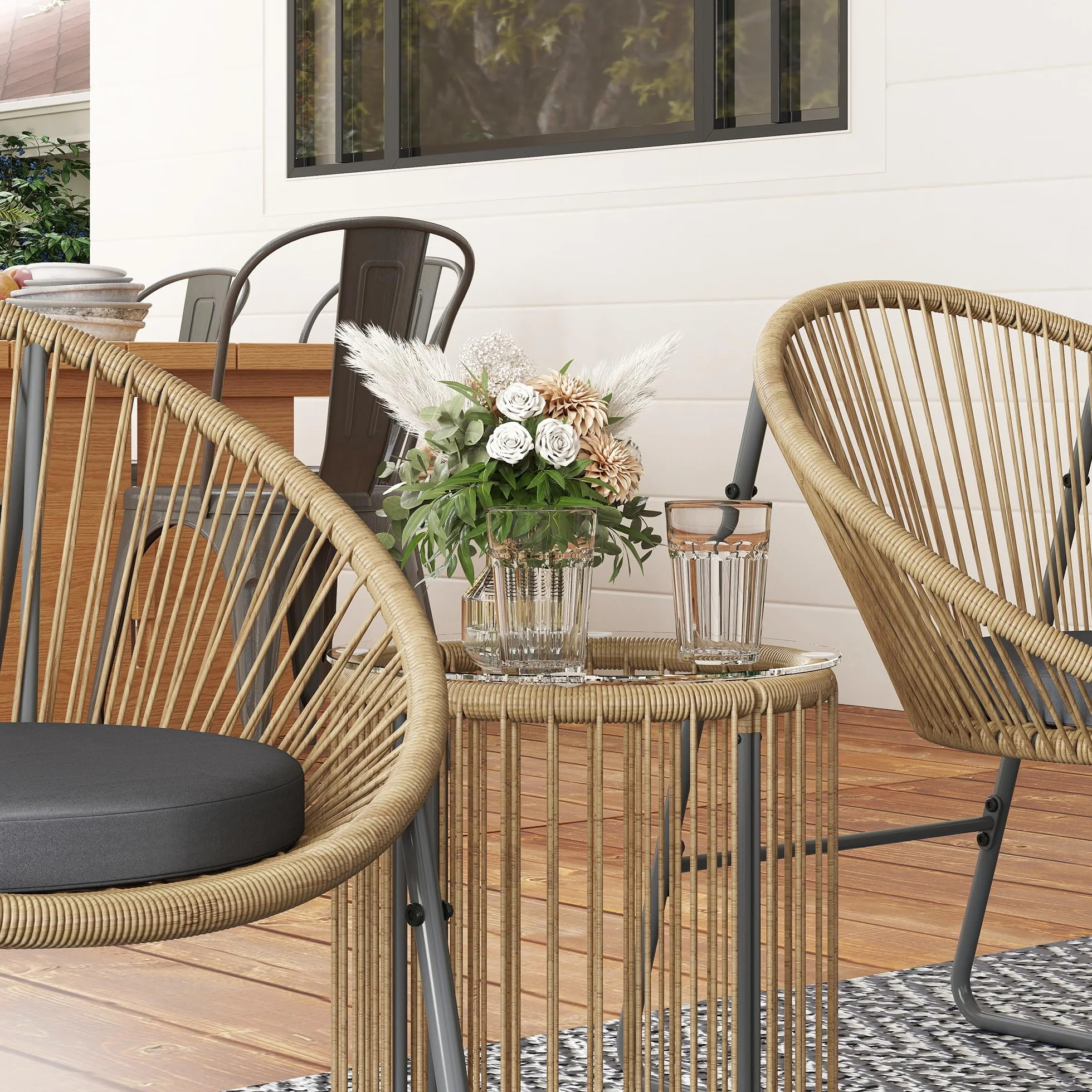 Outsunny Set da Giardino 3 Pezzi Rattan PE Acciaio, 2 Sedie Cuscini Lavabili Tavolino Caffè Vetro, Mobili Balcone Patio Cortile