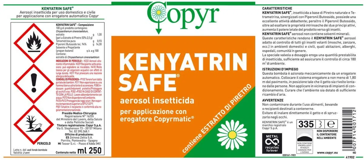 Copyr Kenyatrin Safe e Copyrmatic Combi - Insetticida Antizanzare, Mosche e Insetti Volanti, 3 Bombole 250ml + Erogatore Automatico, Piretro Insetticida Biologico e Repellente Zanzare Casa e Giardino