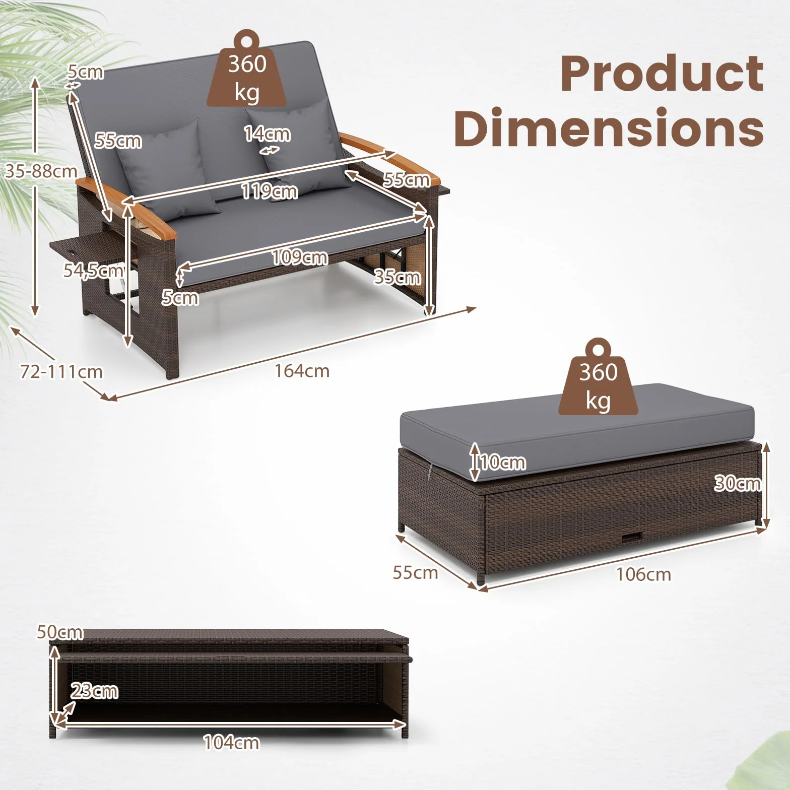 GIANTEX Divano da Giardino in Rattan a 2 Posti con Funzione Allungata, Set di Mobili in Rattan con Sgabello, Doppia Sedia a Sdraio per 2 Persone, 3 Colori (Cuscino Grigio)
