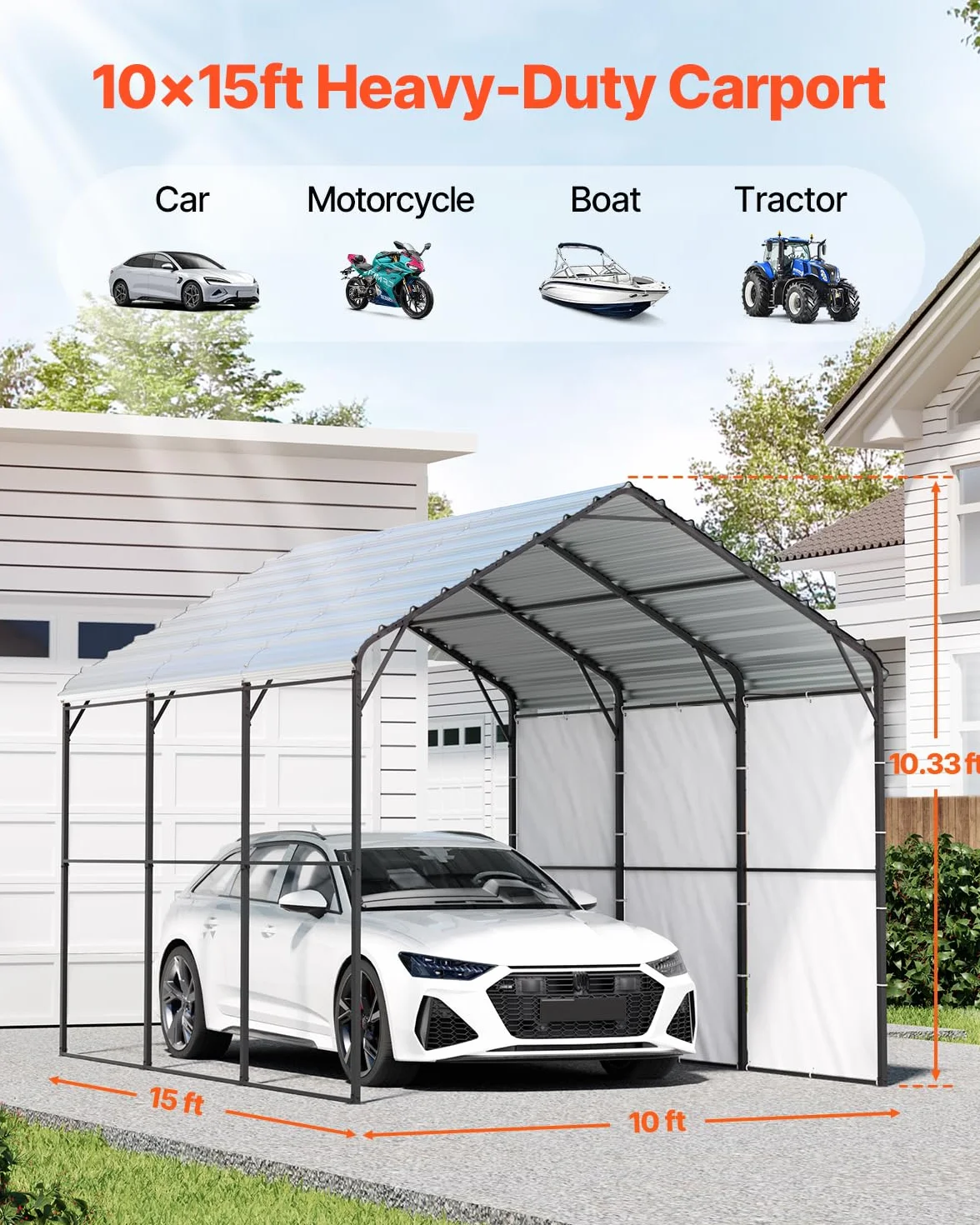VEVOR Carport in Metallo per Impieghi Gravosi 3 x 4,5 x 3,15 m Tetto in Acciaio Zincato Tenda da Garage Pareti Laterali Rimovibili