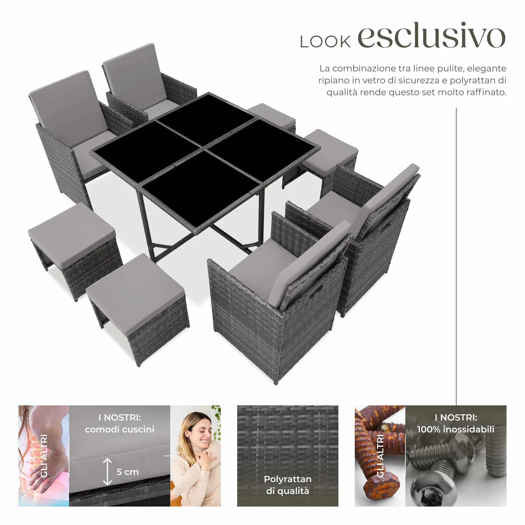 Set Mobili Rattan Bilbao 4 Sedie 4 Sgabelli Tavolo Acciaio Poly Rattan Giardino Terrazzo Grigio