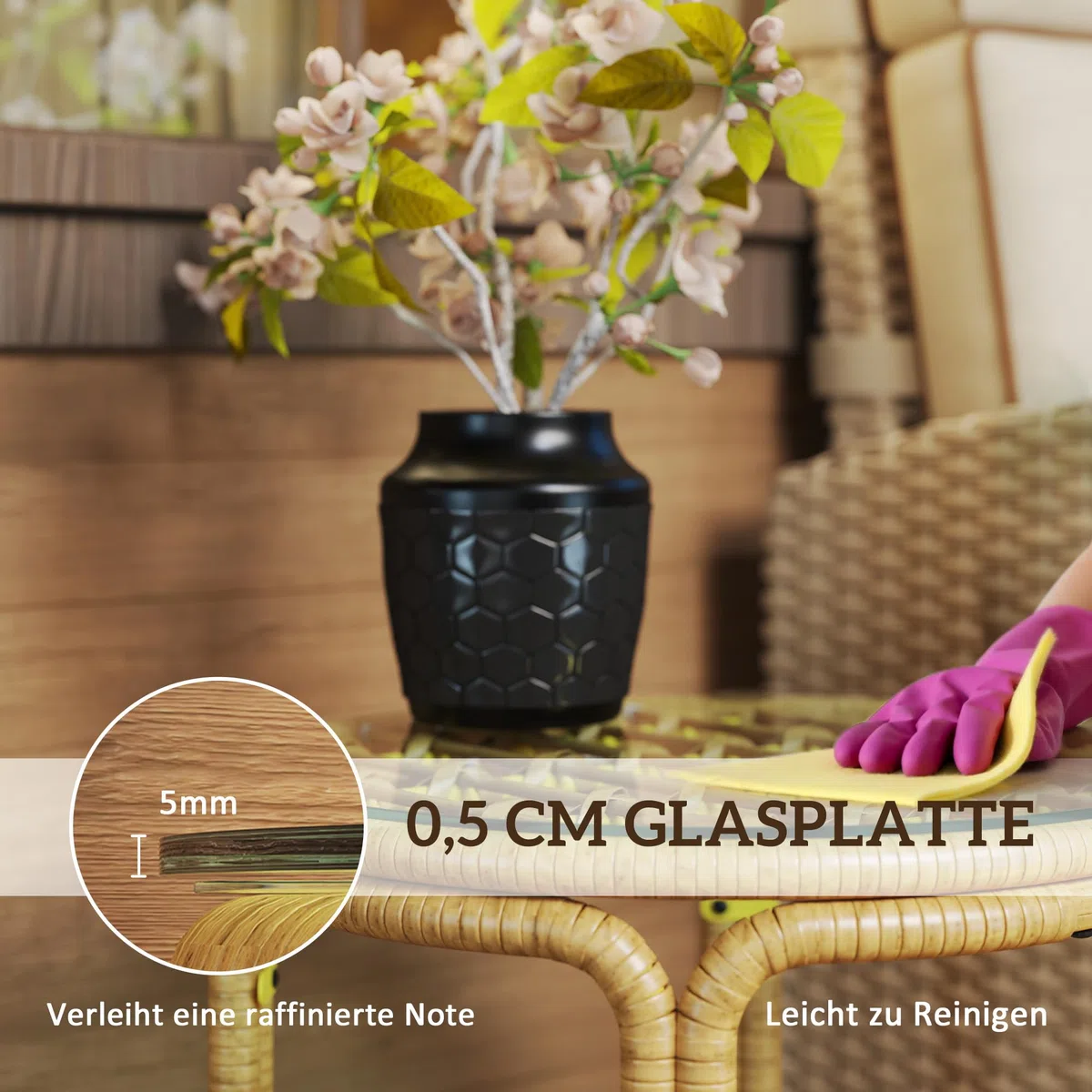 Outsunny Tavolino da Giardino in Rattan e Vetro, Tavolo da Caffè Rotondo Ø50x44 cm, Giallo