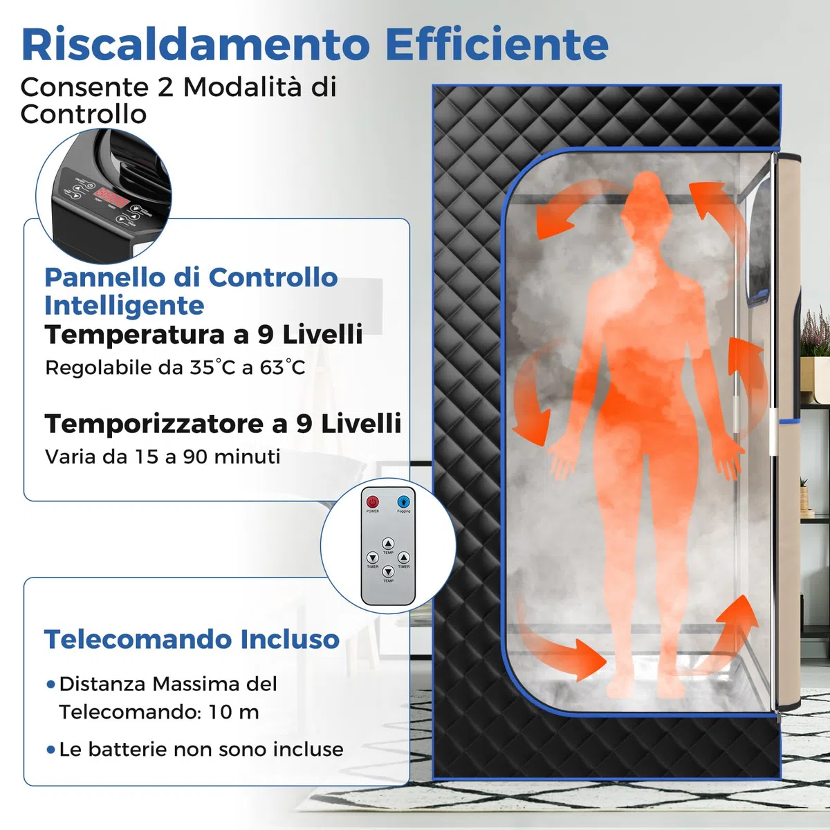 COSTWAY Cabina Sauna a Vapore 3L, Sauna da Casa con Massaggiatore per Piedi, 9 Livelli Temperatura, Timer 90 Minuti, Sedia Pieghevole, Tappetino, Nero