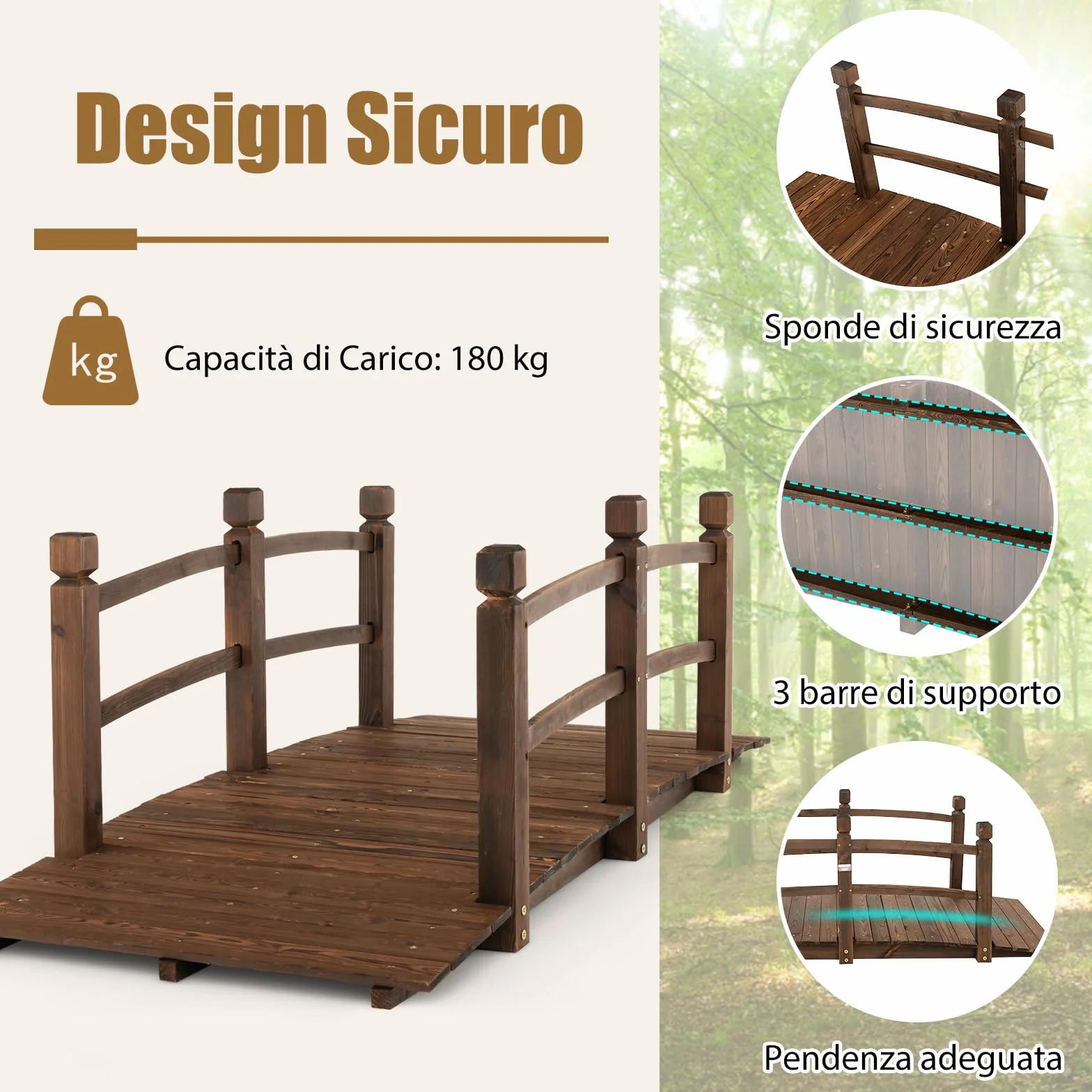 COSTWAY Ponte da Giardino in Legno di Abete 170 cm, Ponticello Decorativo con Ringhiere di Sicurezza, per Giardino Cortile e Fattoria, 171x76,5x58,5cm, Portata 180 kg