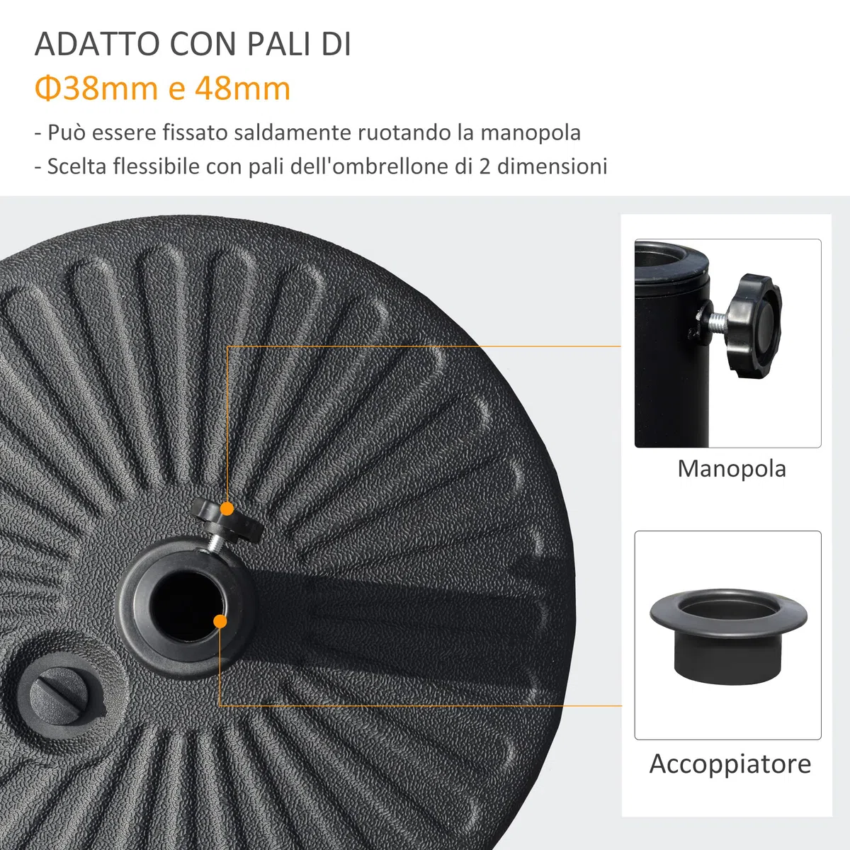 Outsunny Base per Ombrellone da Giardino con Palo Centrale Φ3.8cm e 4.8cm, Basamento per Ombrellone Riempibile con Acqua o Sabbia, Nero