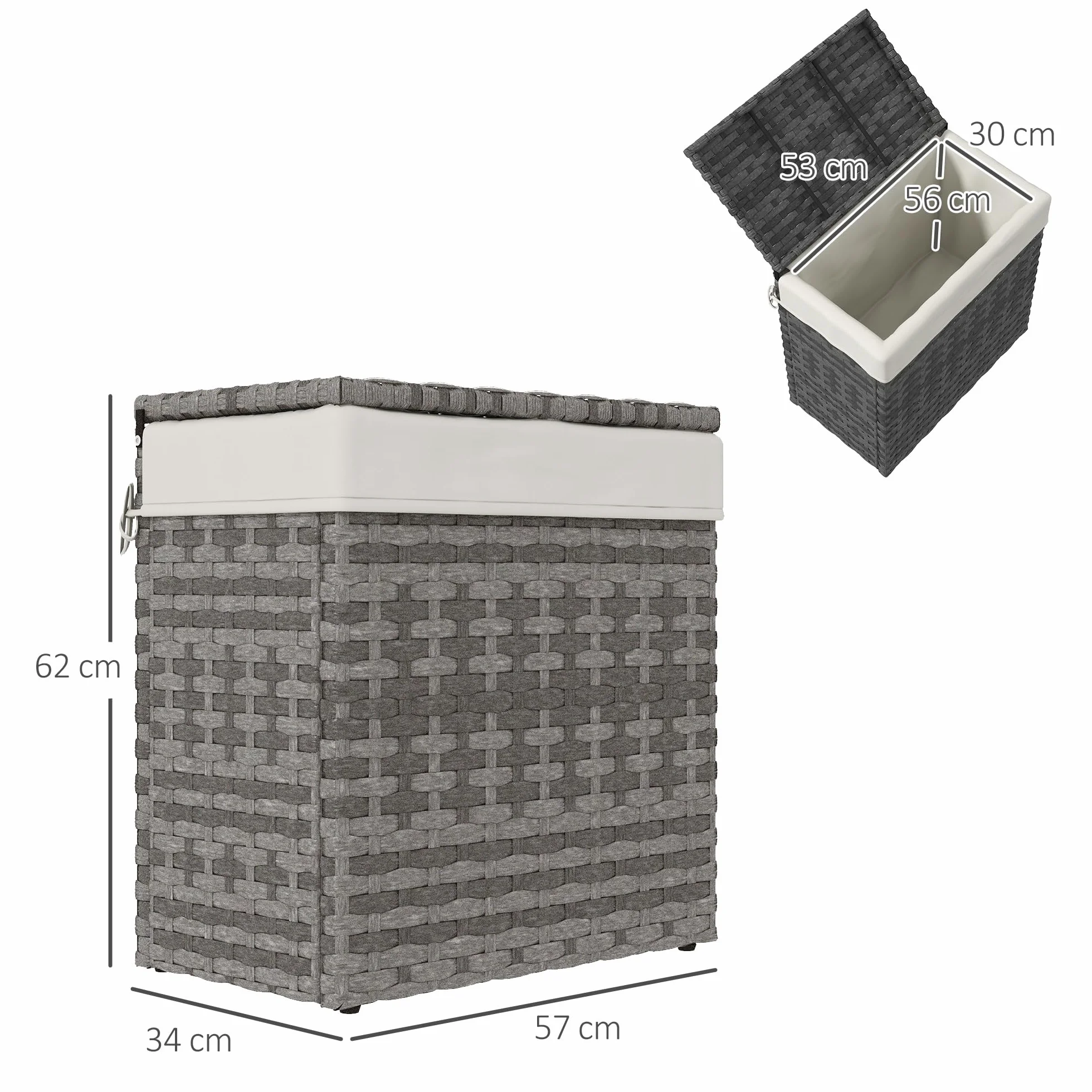 Outsunny Baule da Giardino in Rattan PE, Cassapanca da Esterno con Piedini Antiscivolo e Rivestimento Interno in Tessuto Impermeabile, 57x34x62cm, Grigio e Beige