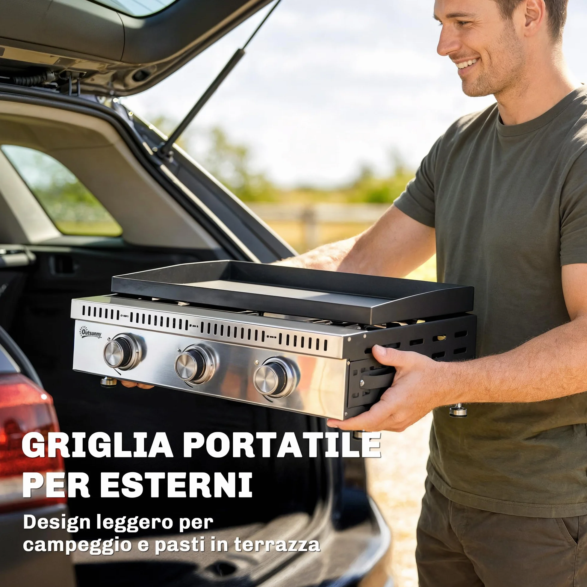 Outsunny Barbecue a Gas Portatile 3 Bruciatori 9 KW Acciaio Inox, Griglia BBQ da Tavolo con Vaschetta Raccogli Grasso, Regolatore, Nero