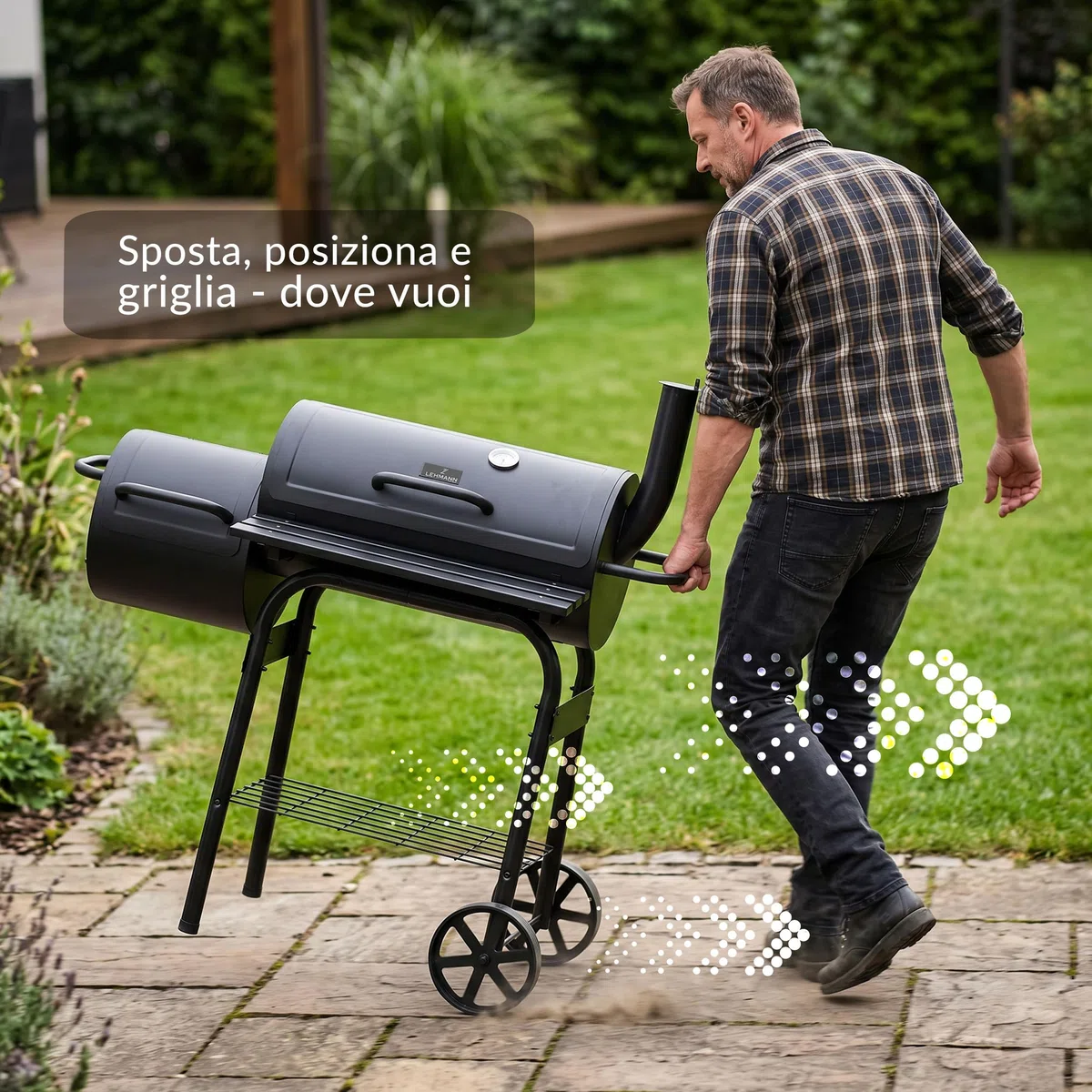 LEHMANN Barbecue a Carbonella e Affumicatore 2 in 1, BBQ Griglia di Cottura XXL, Coperchio con Termometro e Maniglia Antiscottatura, 2 Ruote, Tavolini Laterali Pieghevoli & Ripiano Inferiore, Nero