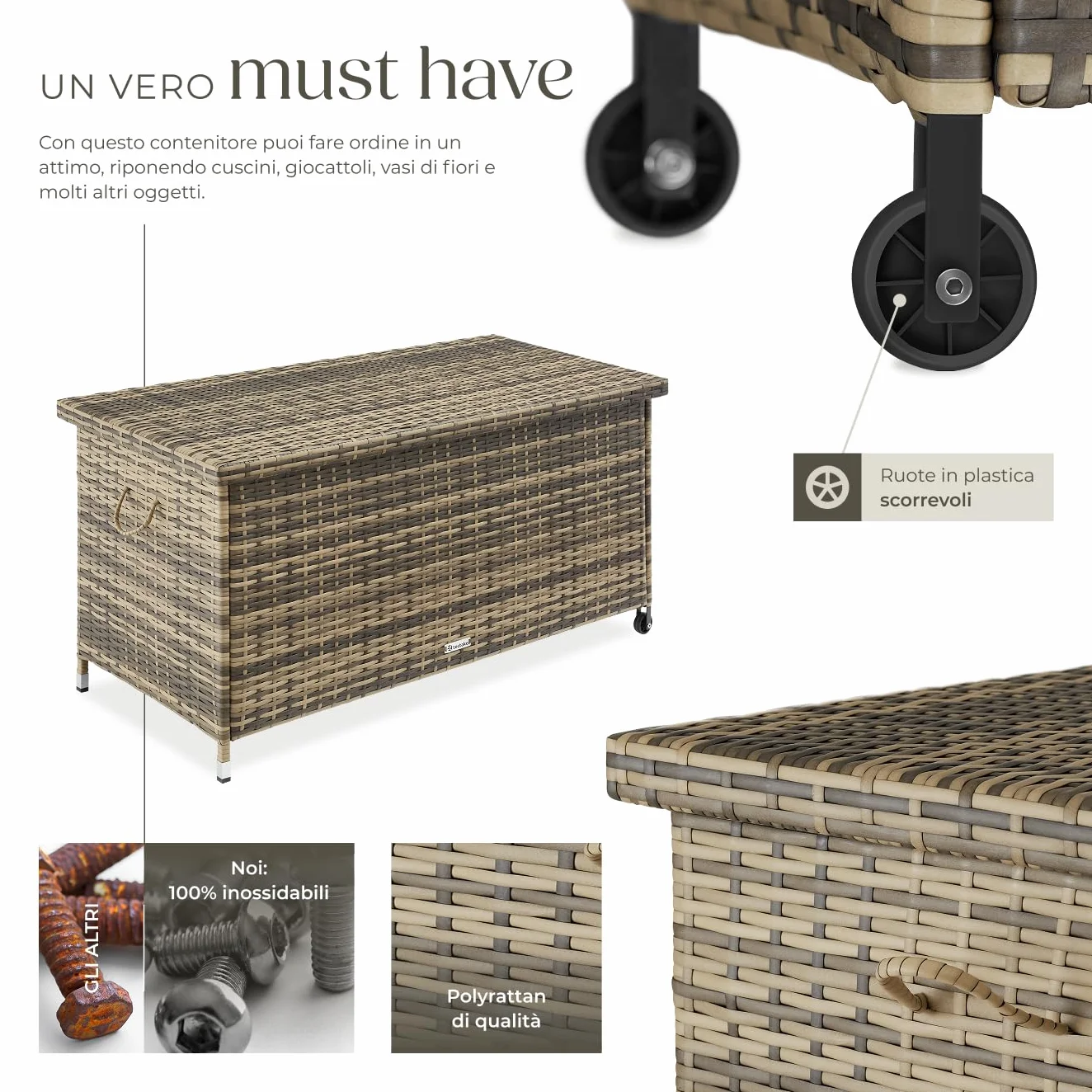 tectake Box Contenitore da Esterno Acciaio Polyrattan 120x55x61,5cm 270 L