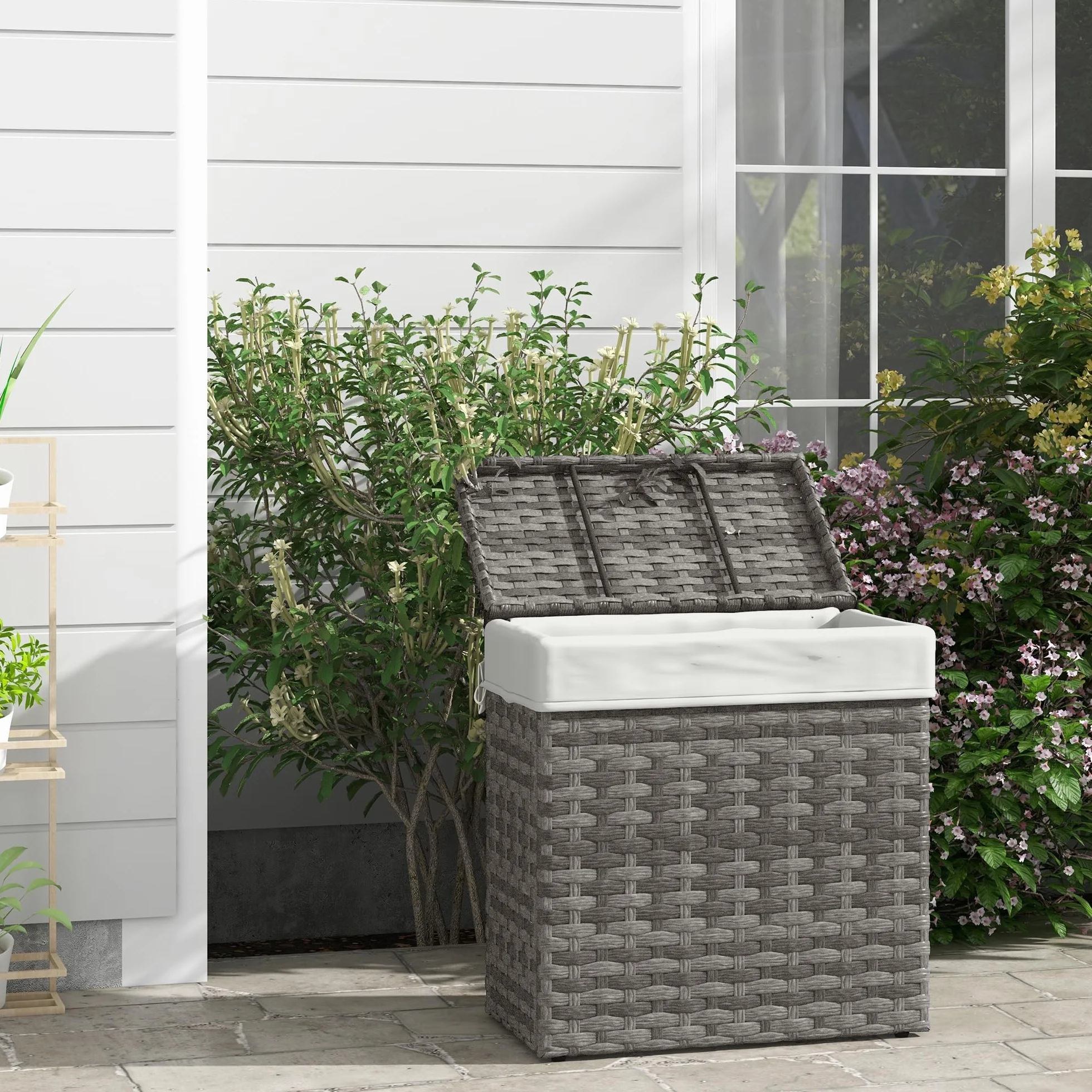 Outsunny Baule da Giardino in Rattan PE, Cassapanca da Esterno con Piedini Antiscivolo e Rivestimento Interno in Tessuto Impermeabile, 57x34x62cm, Grigio e Beige