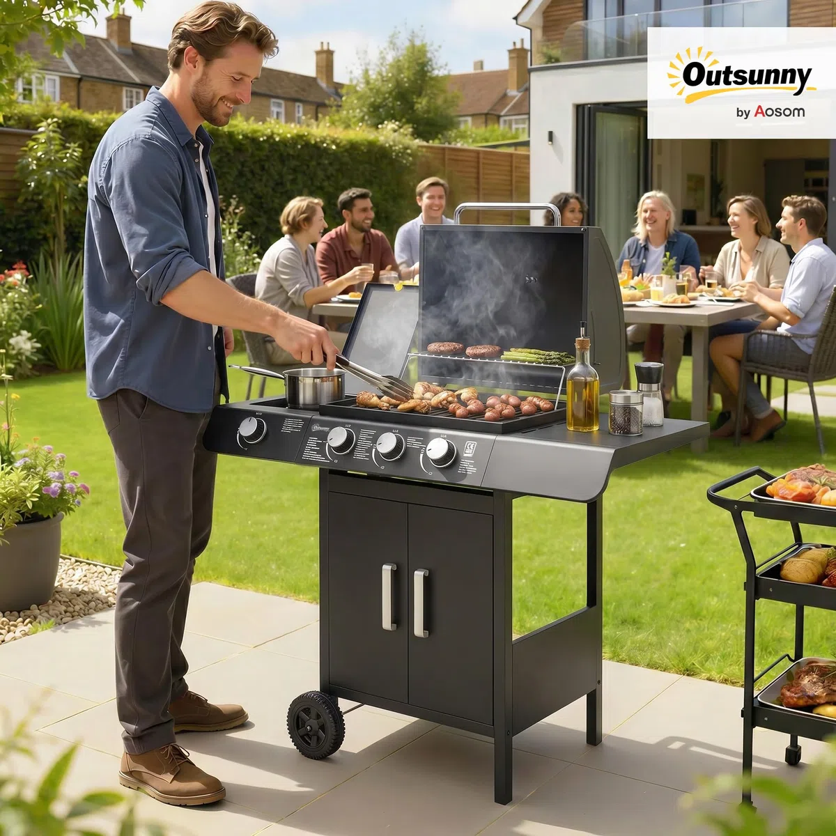 Outsunny Barbecue a Gas 4 Bruciatori 11.6kW Termometro Fornello Laterale Mensola 2 Ruote 110x50x100cm Nero