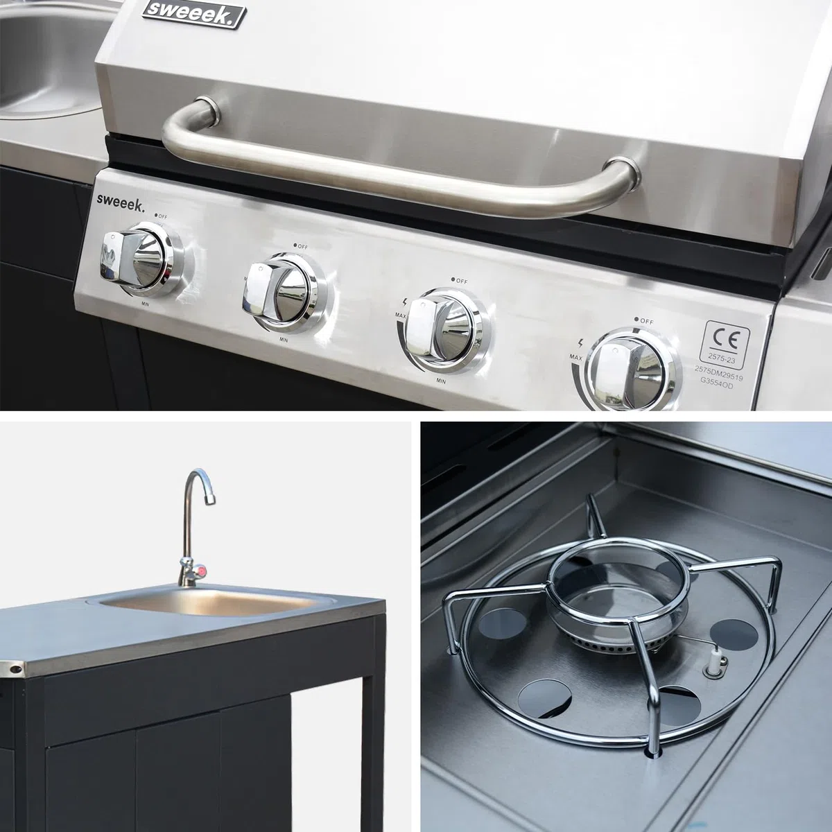Modulo cucina da esterno con barbecue a 4 bruciatori, fuoco laterale, lavello e porta utensili Nero 247x187x112 cm