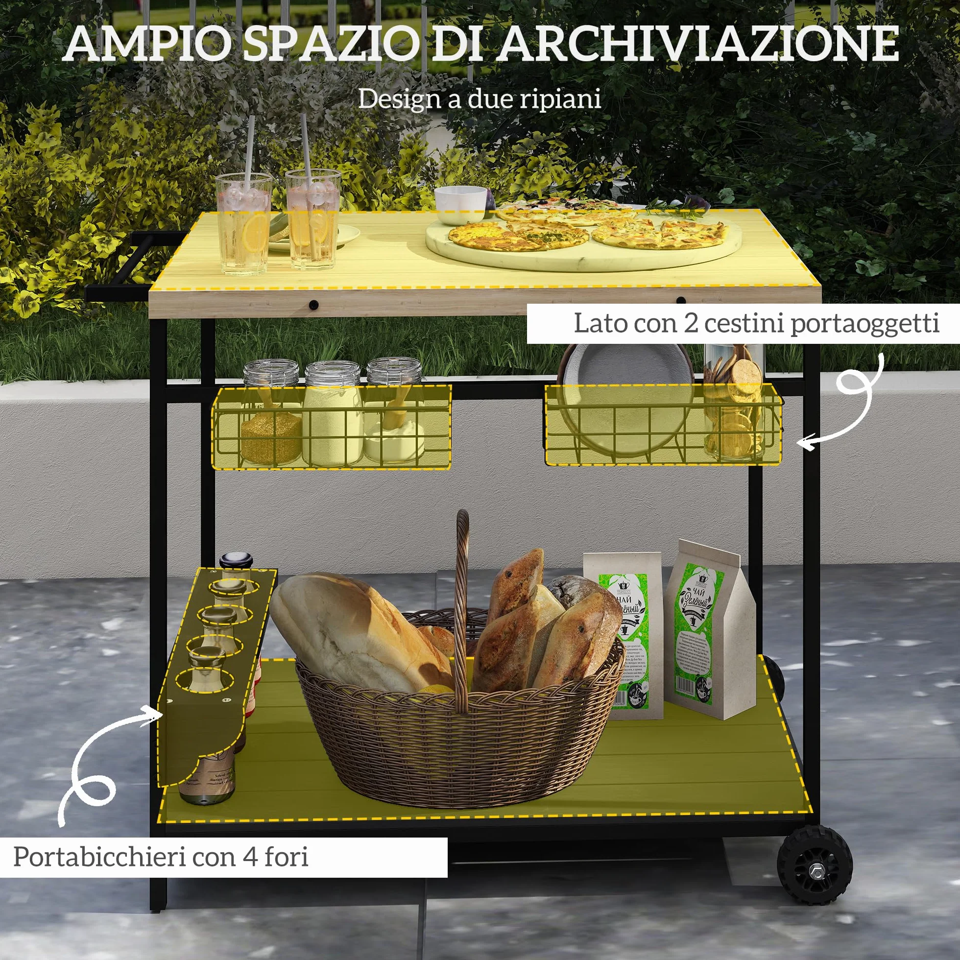 Outsunny Carrello da Giardino 2 Ripiani Legno Abete 97.5x65x81 cm Nero