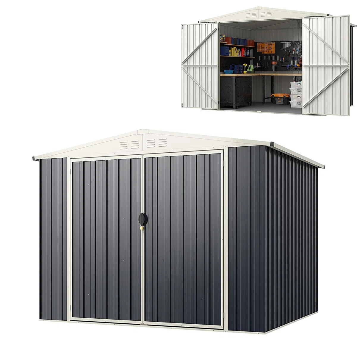 RELAX4LIFE Casetta da Giardino in Metallo 8M³ 5M², 246x193x180CM con Porta Bloccabile, Tetto Inclinato, Finestra di Ventilazione per Attrezzi Biciclette Rifiuti