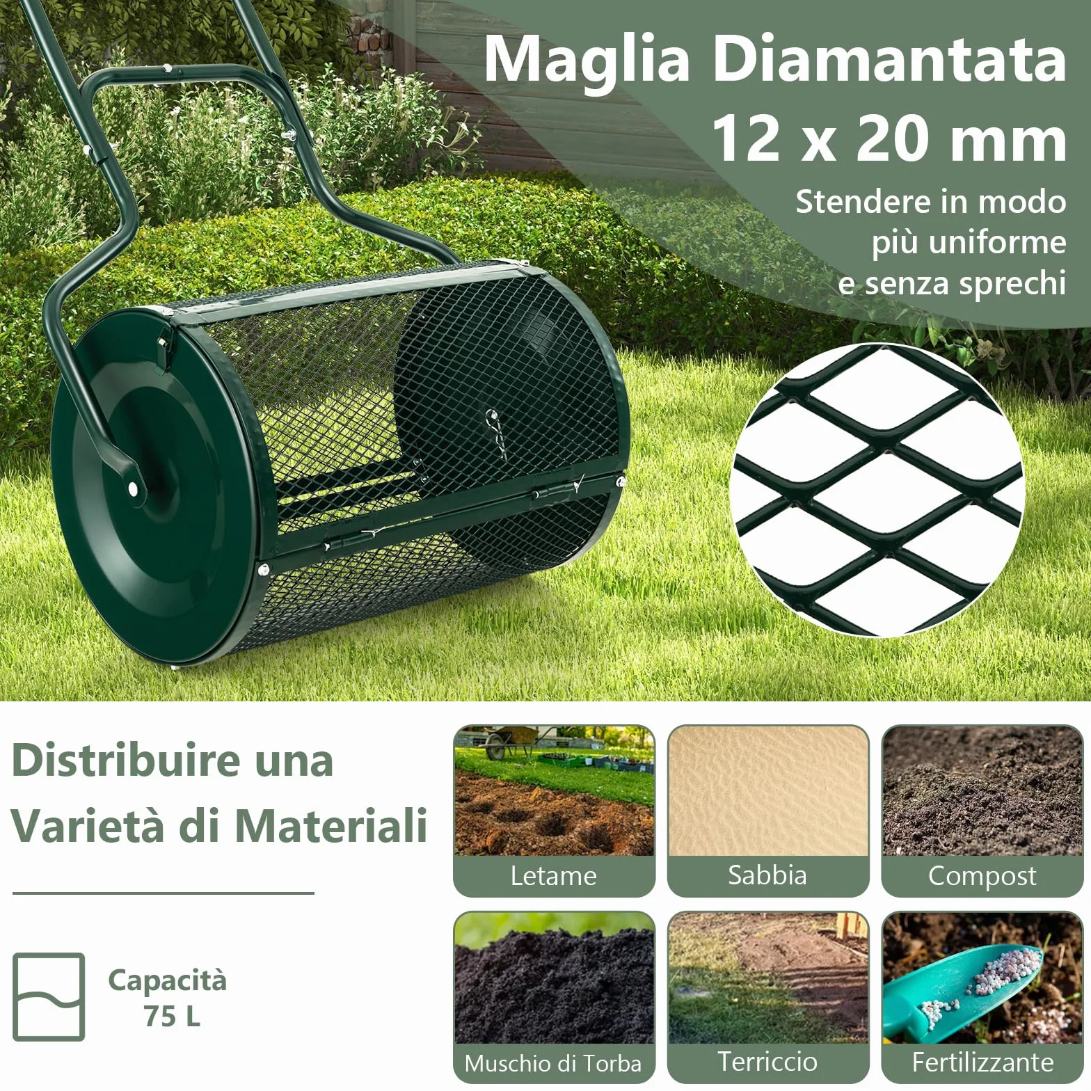 RELAX4LIFE Spandiconcime da 75L, Larghezza 60 cm, Ø Rullo: 41 cm, Spanditore da Giardino/Prato con Cestello in Rete Metallica e Manico, per Compost, Torba, Semi e Terriccio (41 x 60 cm,Verde)