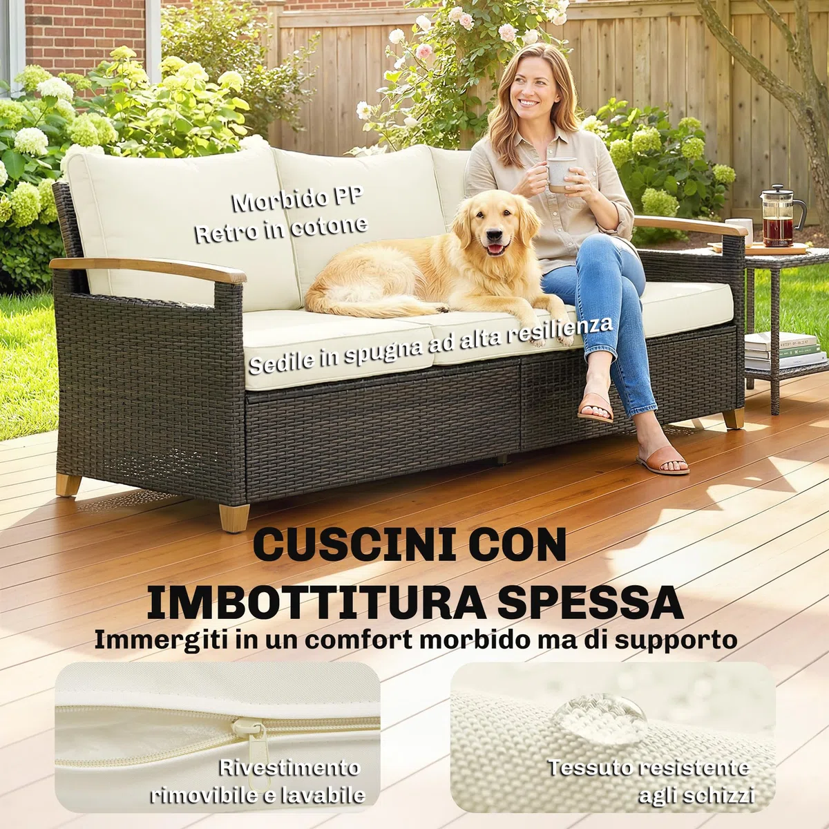 Outsunny Divanetto da Esterno a 3 Posti in Rattan PE, Divano da Giardino con Braccioli Effetto Legno, Cuscini Lavabili, Struttura in Acciaio, per Terrazzo, Patio e Balcone, Veranda, Marrone e Crema