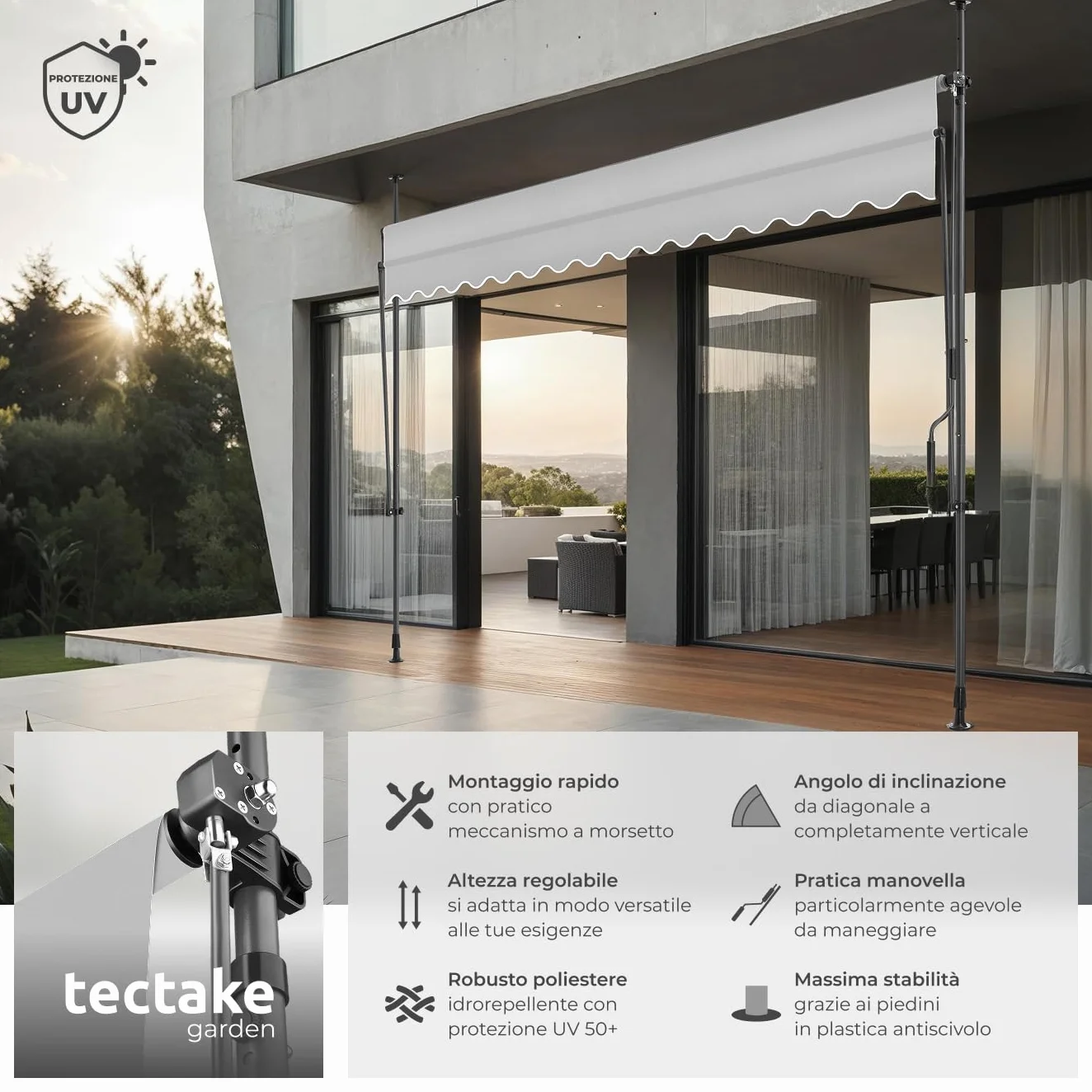Tectake Tenda da Sole a Morsetto Regolabile 350x180cm Grigio Chiaro Impermeabile UV